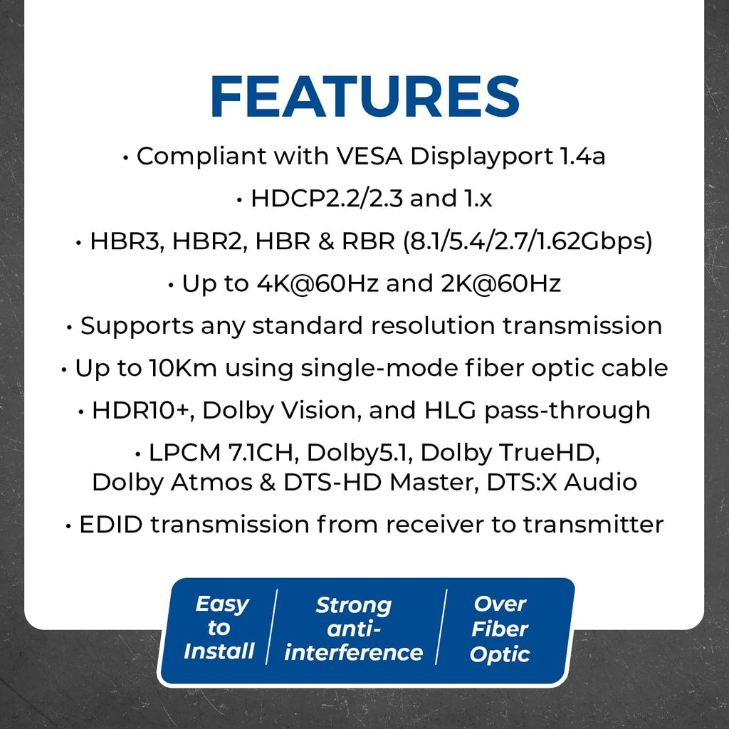 OREI 4K DisplayPort Extender Over Fiber Optic Balun - UltraHD 4K @ 60Hz 4:4:4 DR, HDR10+, SFP+ - Up to 10 KM in Single Mode - 300M in Multi-Mode