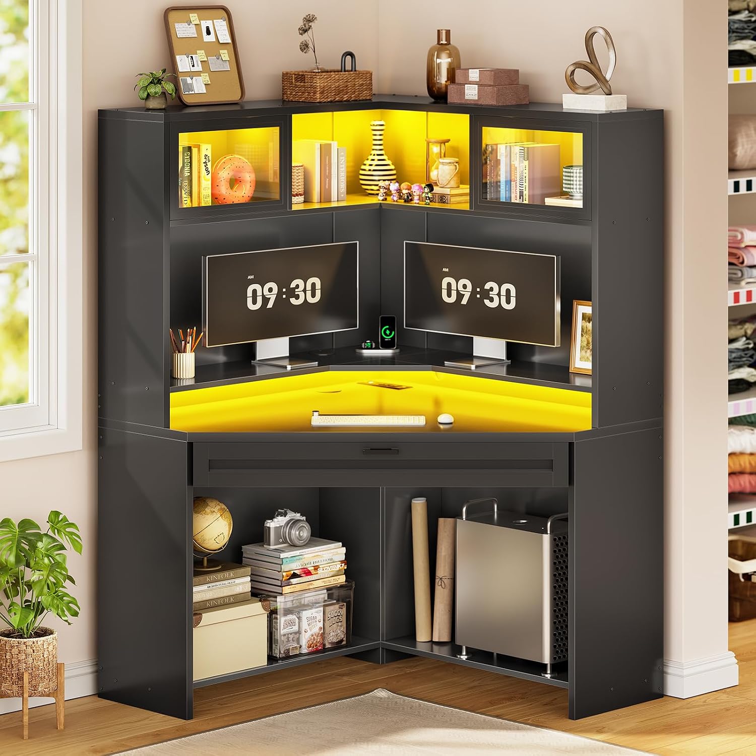 SEDETA 31.5' Corner Desk with Drawers, Small Office Computer Desk with Storage Shelves & Hutch for Small Space, Gaming Desk with LED Lights & Power Strip for Home Office, Black