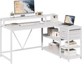 LITTLE TREE 55-Inch L-Shaped Computer Desk, Reversible Computer Desk with Drawers and Storage Shelves, Corner Desk Gaming Desk Work Desk for Home Office, White