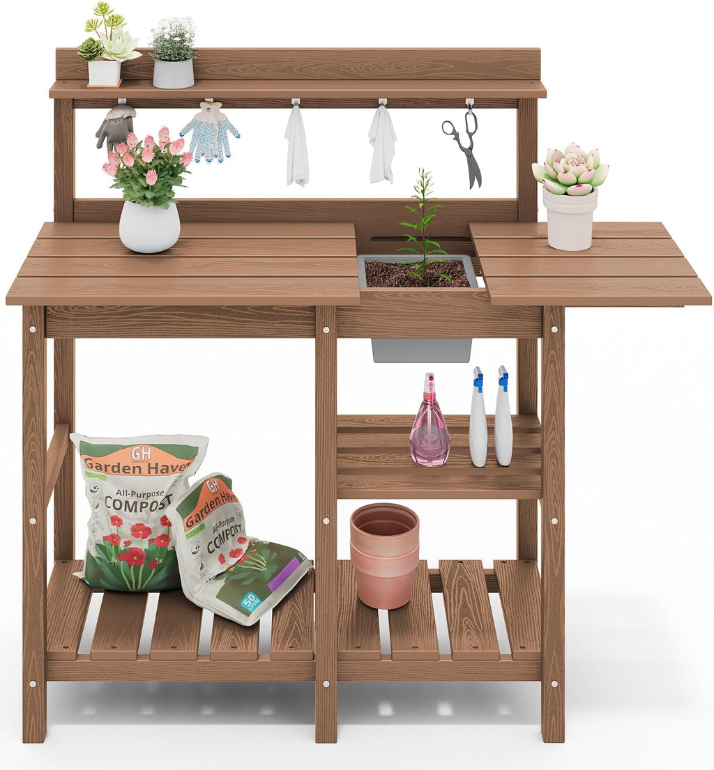 SERWALL Outdoor Potting Bench with Removeable Sink,Rot-Resistant HDPE Potting Table for Outside Gardening, All Weather Use - Brown