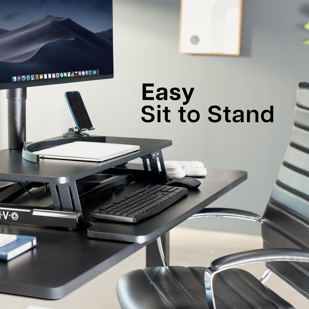 VIVO 32 inch Electric Motor Desk Converter, Height Adjustable Riser, Sit to Stand Dual Monitor and Laptop Workstation with Wide Keyboard Tray, Black, DESK-VE32B