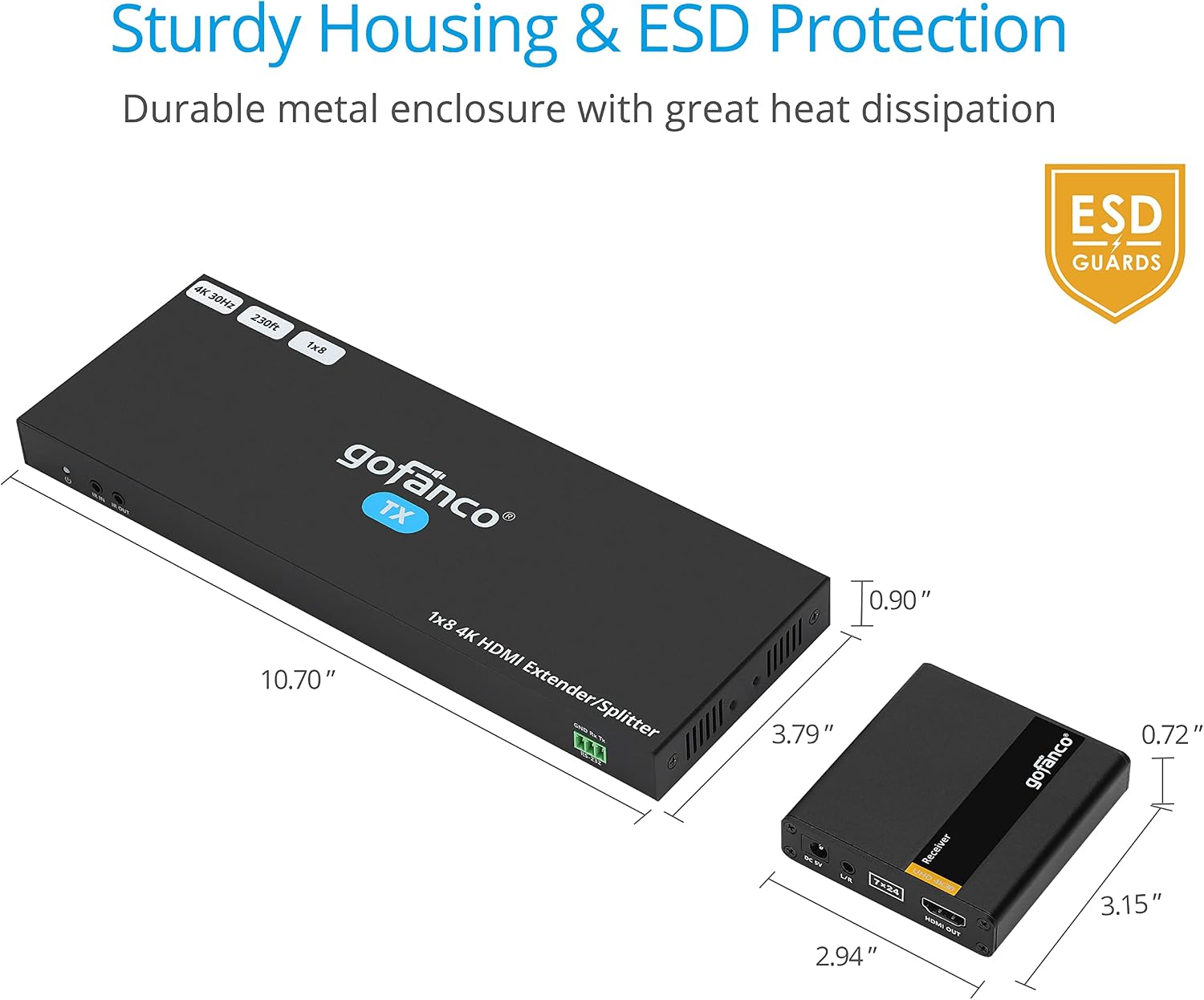 gofanco 4K 1x8 HDMI Extender Splitter Over CAT6/7 – 131ft (40m) at 4K 30Hz, 230ft (70m) at 1080p, HDCP 1.4, Dual IR, HDMI Loopout, RS232 Control, Surge/Lightning/ESD Protection (HD14Ext-8P)