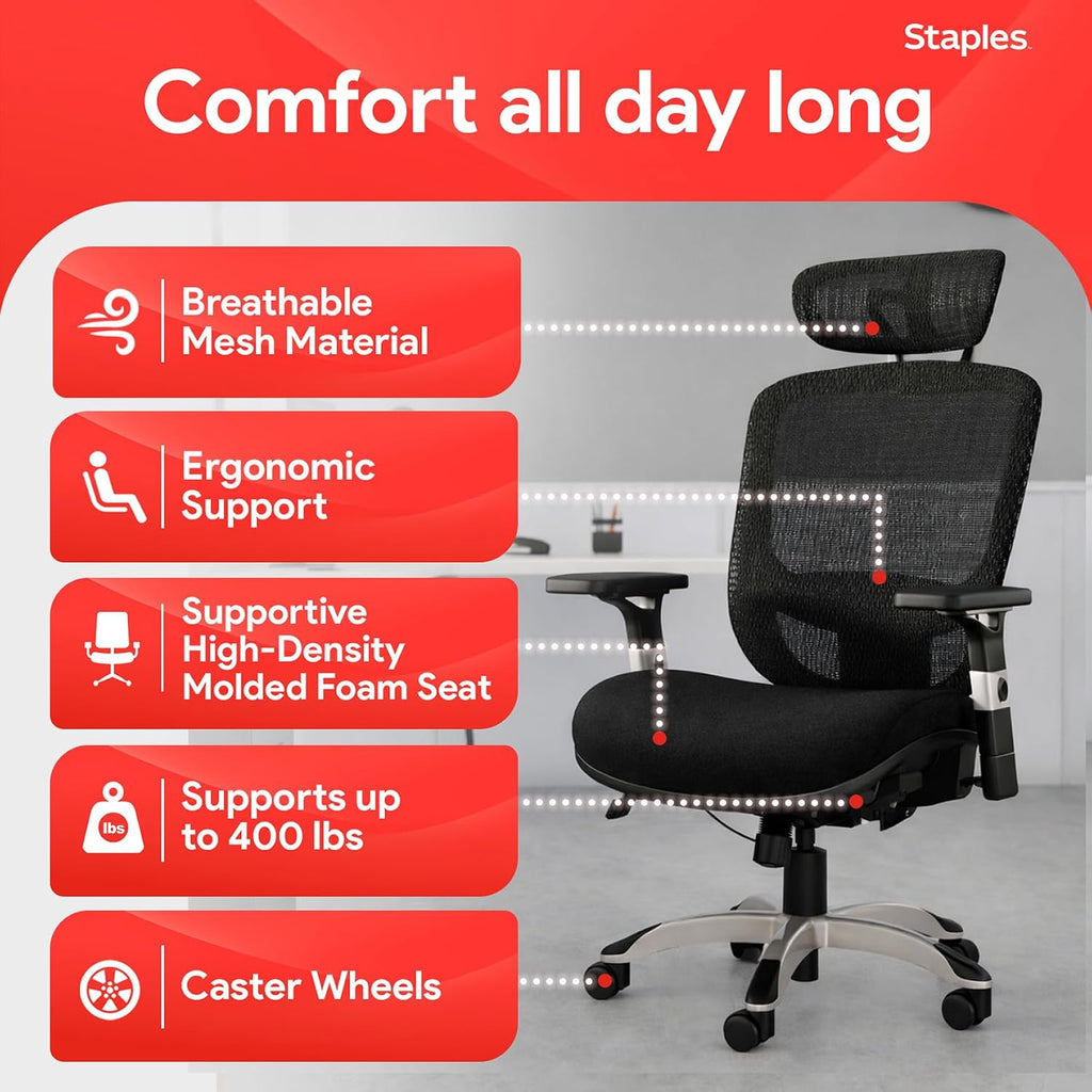 STAPLES Hyken Ergonomic Office Chair Adjustable Lumbar Support with Breathable Mesh, Swivel Desk Chair for Home Office, Black (XL)