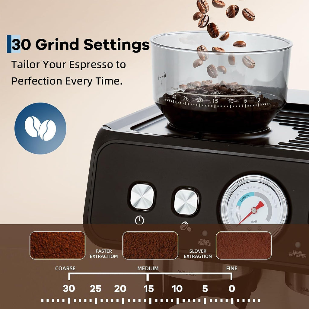 20-Bar Espresso Coffee Machine with Built-In Grinder, 2.8L Removable Tank, Adjustable Shot Volume & Steam Wand, Stainless Steel Coffee Maker for Home or Office