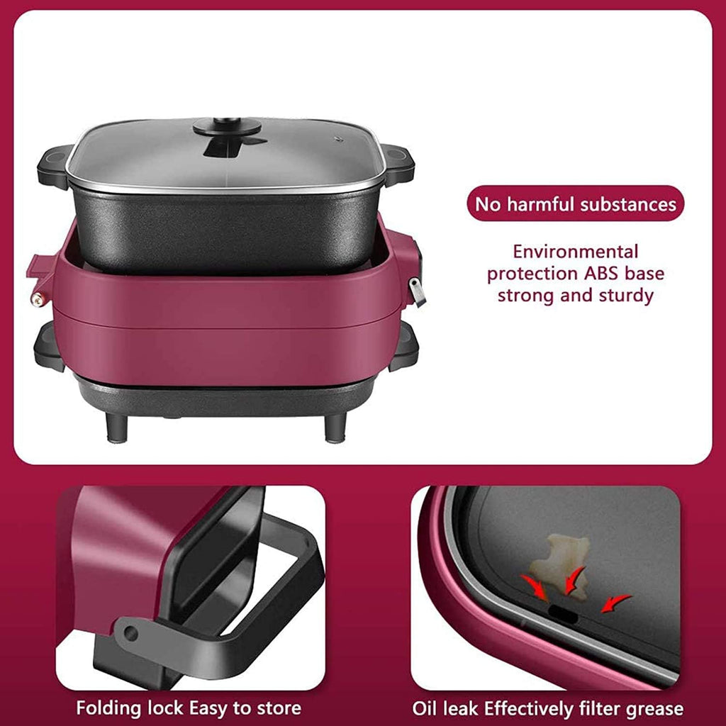2-IN-1 Electric Grill & Hot Pot, Foldable Roasted Baking Pan Dish Pot,Separately Dual Temperature Control BBQ and Smokeless Shabu-pot,2000W