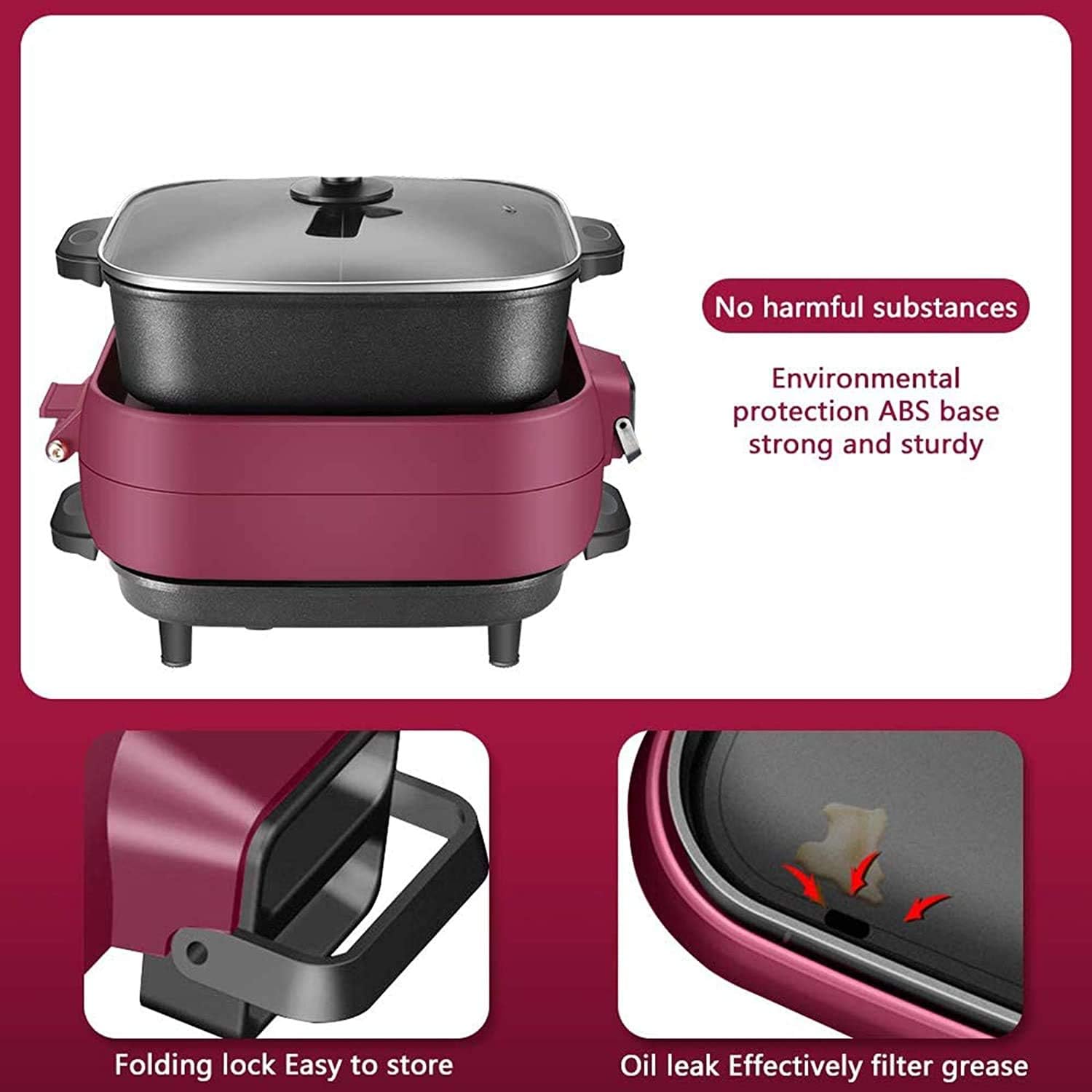 2-IN-1 Electric Grill & Hot Pot, Foldable Roasted Baking Pan Dish Pot,Separately Dual Temperature Control BBQ and Smokeless Shabu-pot,2000W