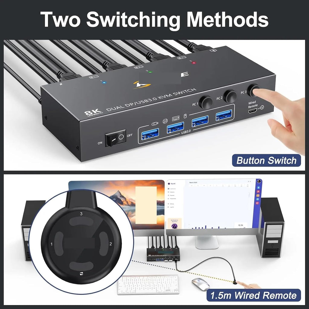 8K Displayport KVM Switch 2 Monitors 3 Computers Dual Monitor KVM Switch Displayport with 4 USB 3.0 Ports(303DH)