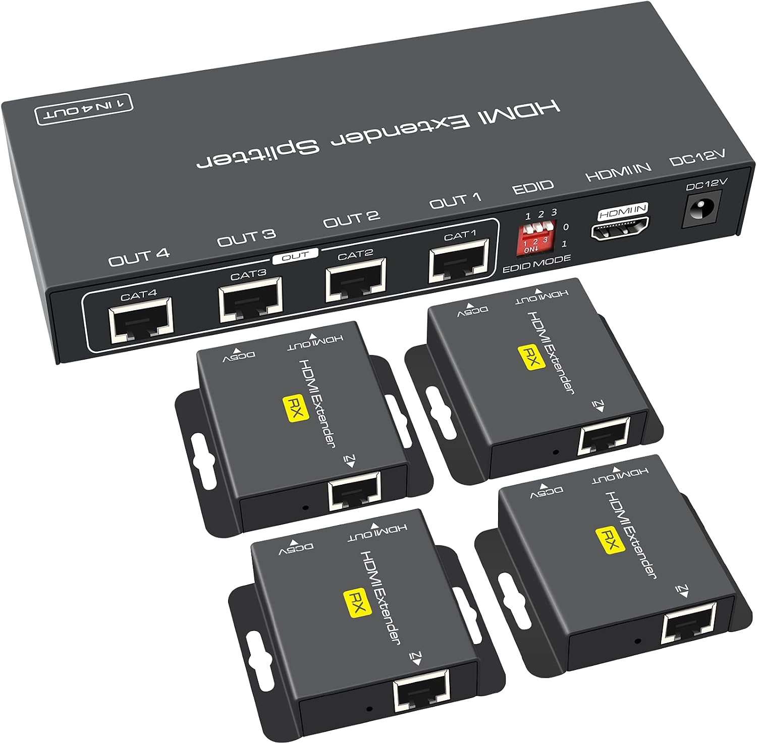 VPFET HDMI Extender Splitter Up to 165ft 1 in 4 Out Over Cat5e or 6 or 7 Repeater Balun Ethernet Sender Transmitter Receiver Support 1080p EDID Presets POC is Only Need TX Power for Work