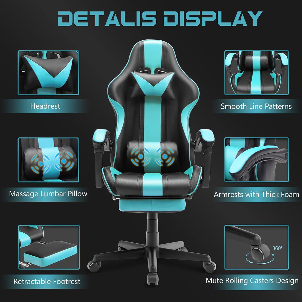Ferghana Gaming Chairs, Ergonomic Racing Style PC Game Computer Chair with Headrest Lumbar Support Adjustable Recliner PU Leather Video Computer Chair(Lake Blue)