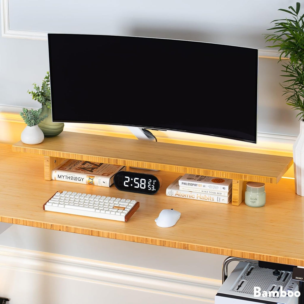 Desky Monitor Stand – White Ash Emerald River Desktop Riser with Matching Timber Legs, Ergonomic Screen Elevation, Integrated Cable Port