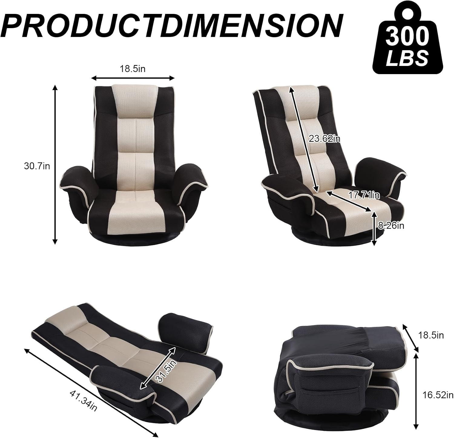 Swivel Floor Chairs for Adults, Floor Gaming Chair with Extra Wide Arms, Back Support 14 Angles Adjustable Comfortable Double Mesh Fabric Lazy Sofa for Video Game Chairs 201 (Black+Beige)