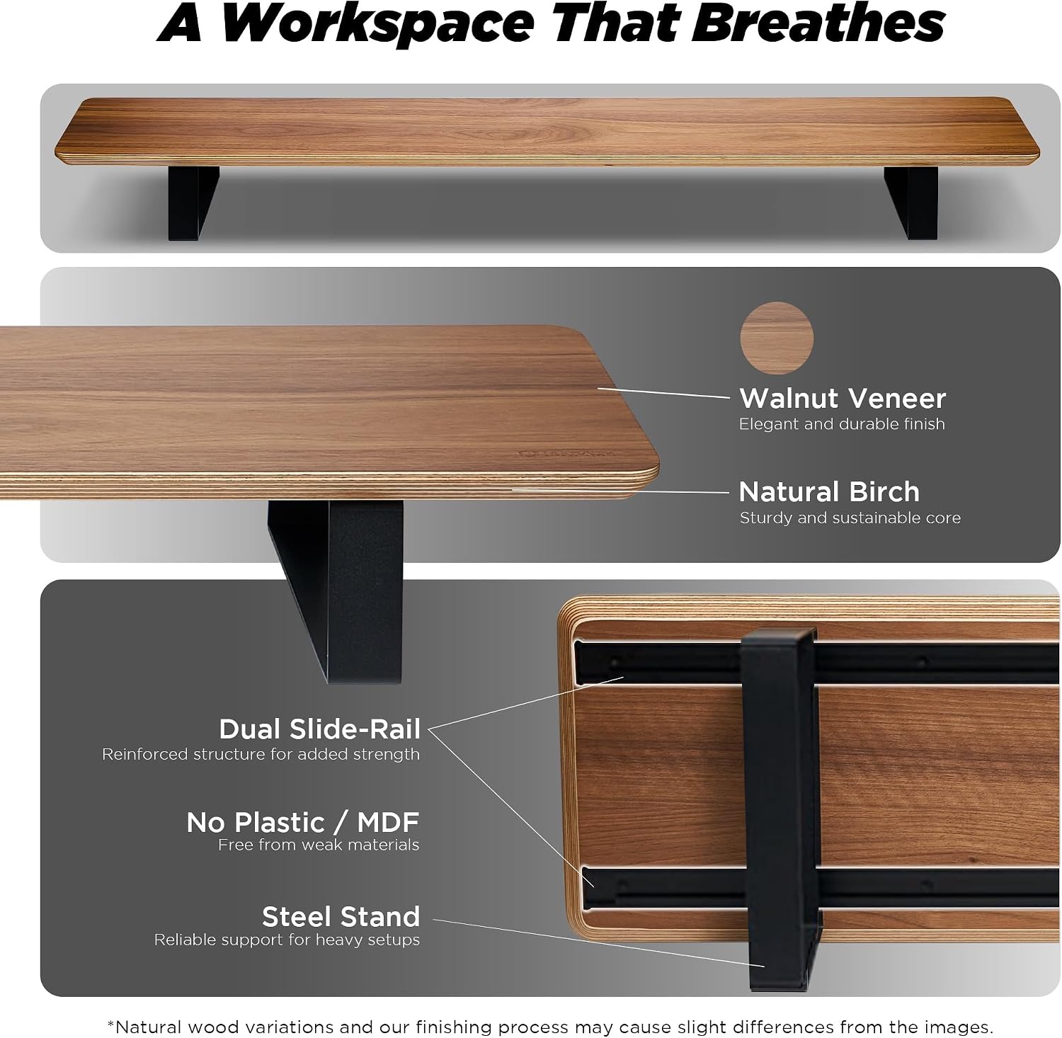 ULTRARM Moodular Wooden Monitor Stand 45.6' (116cm) Large Desk Organizer with Metal Slide Rails for Drawer, Tray, Laptop, Tablet, Phone & Headphones Customizable Riser for Organized Workspace Walnut