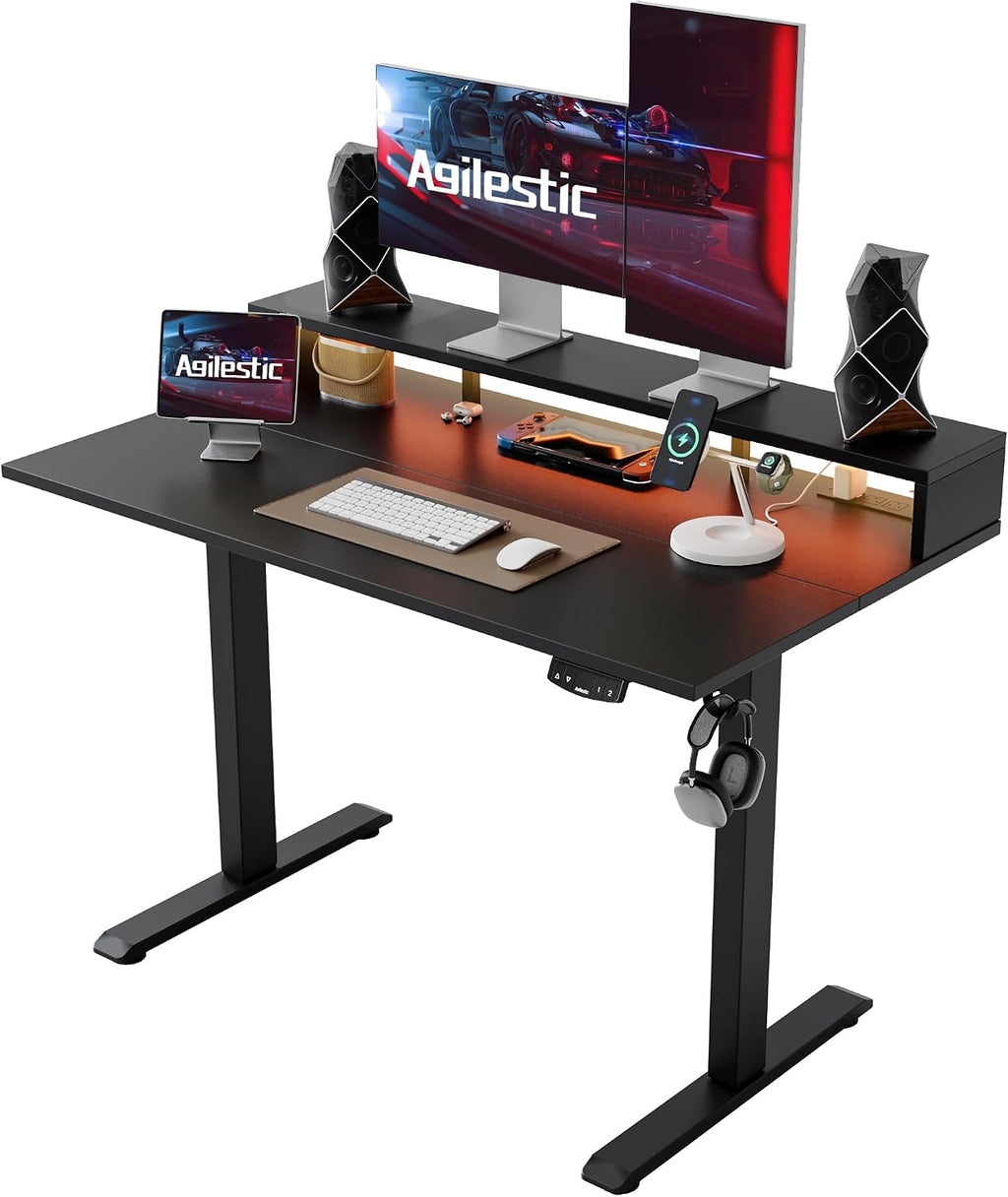 Agilestic 48x24 Inch Electric Standing Desk with Shelf, Height Adjustable Desk with Power Outlets & LED, Sit Stand Up Table with Monitor Stand, Computer Workstation, Black