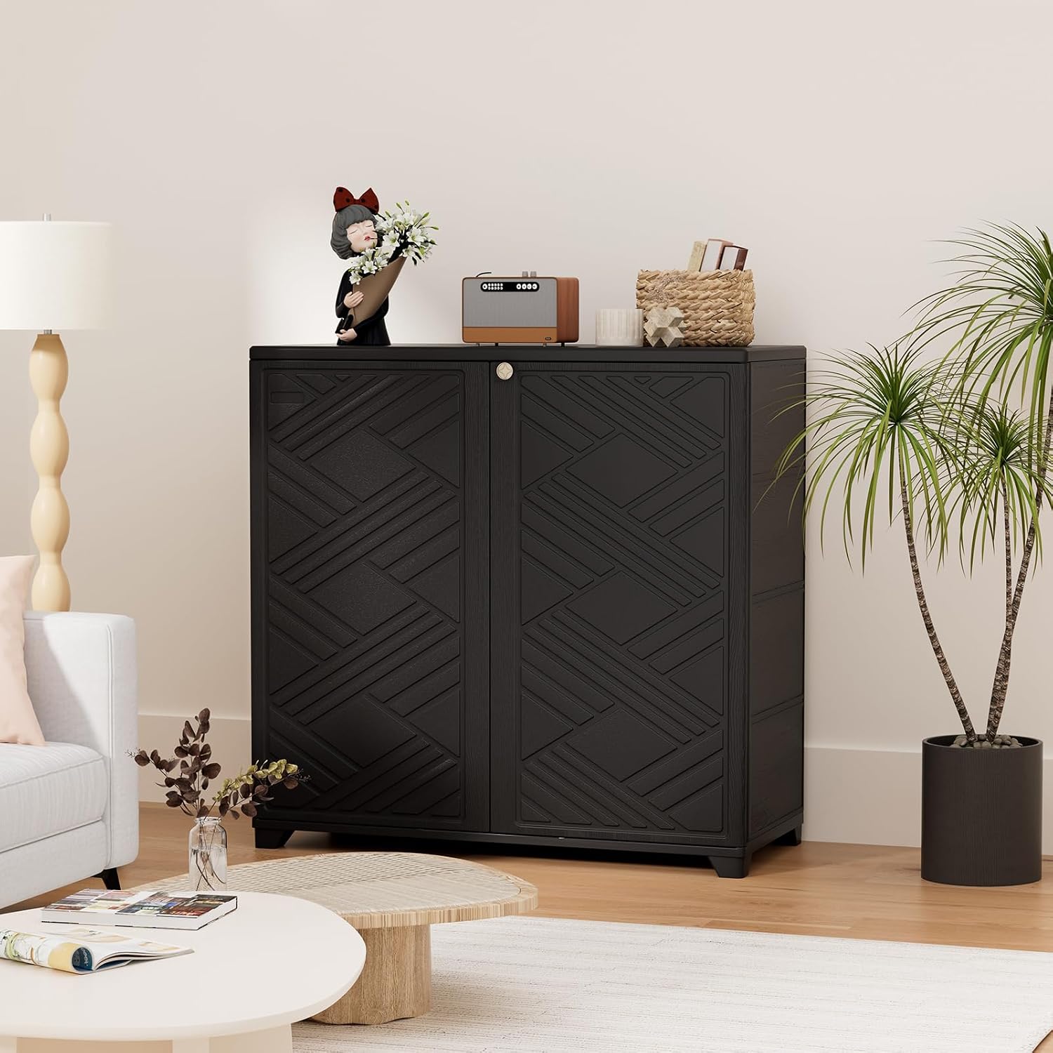 HOMSPARK Indoor/Outdoor Storage Cabinet with Doors, 34'x15'x34' HDPE Plastic Storage Box for Bedroom, Bathroom, Living Room, Balcony, Multi-Purpose for Daily Tools, Black