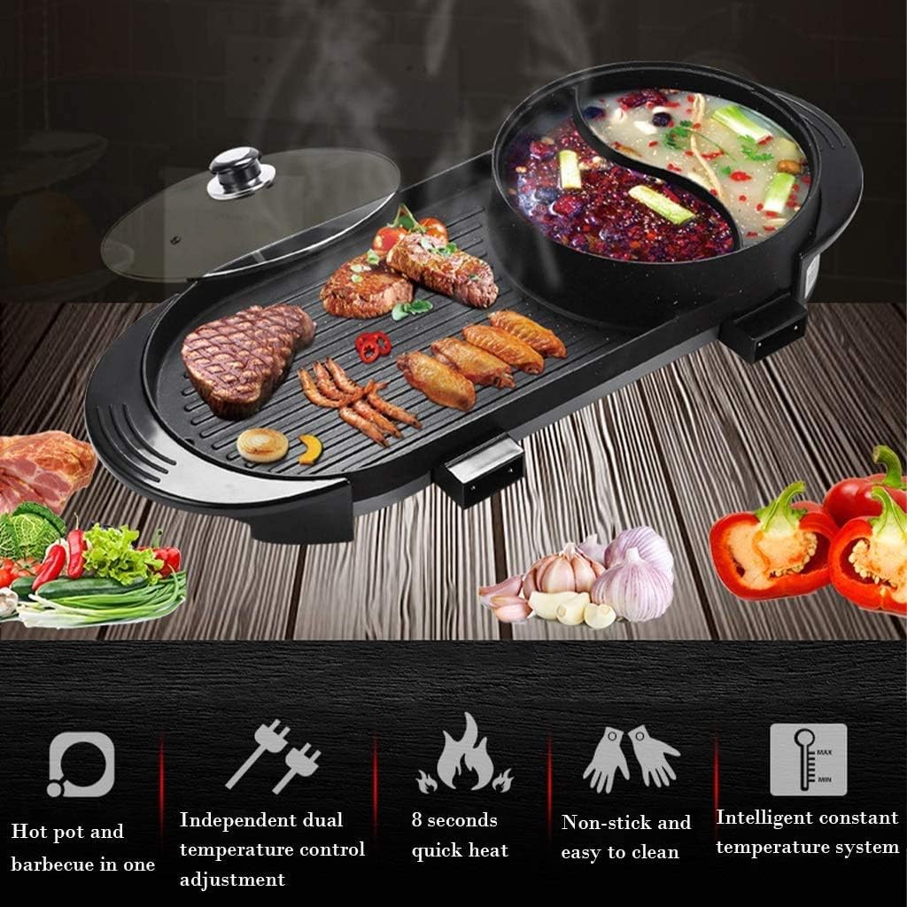 Electric Bbq Grill Indoor, Portable Electric Hot Pot Grill, Barbecue Grill for 1-8 People, Non-Stick Pan Electric Cooker Smokeless BBQ Five-Speed Electric Barbecue Grill