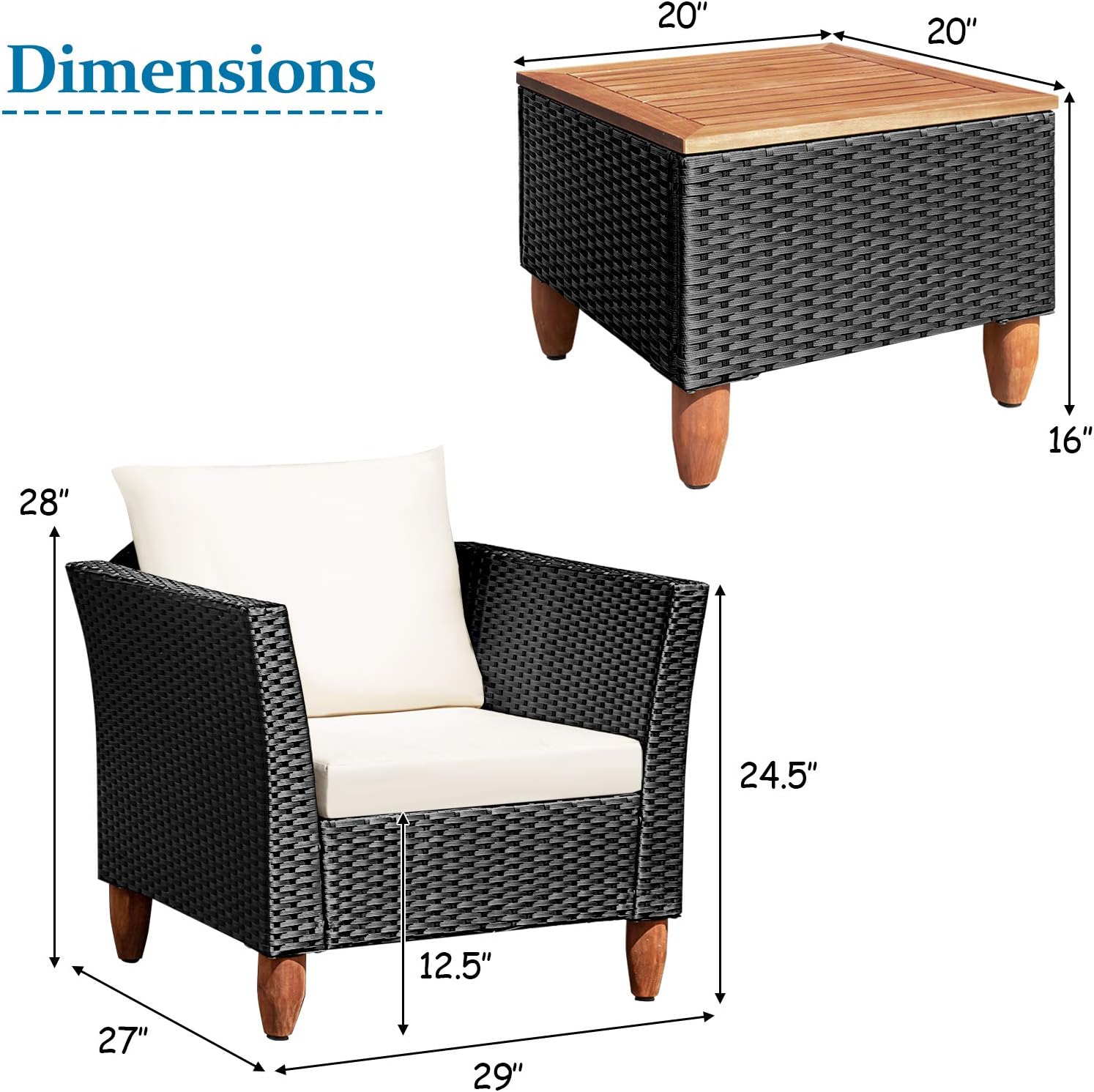 COSTWAY 3 Pieces Patio Rattan Furniture Set, Outdoor Wicker Conversation Chairs Set with Acacia Wood Coffee Table & Washable Cushion, Porch Furniture Bistro Set for Balcony, Garden, Backyard, White