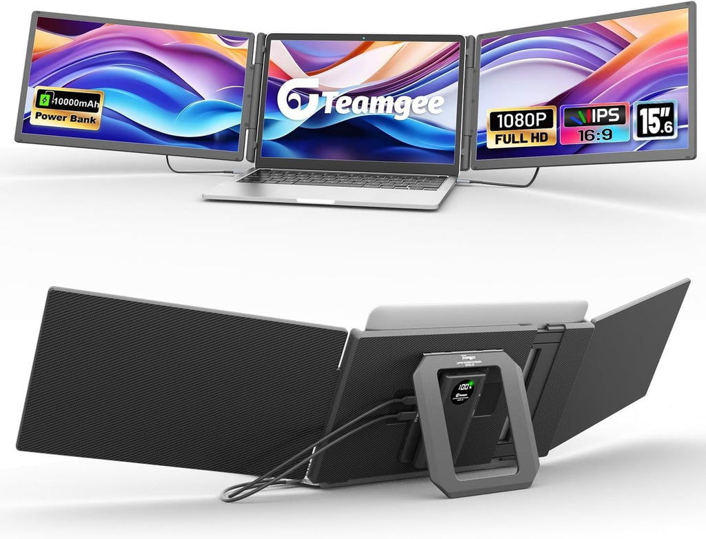 Teamgee 15.6' Laptop Screen Extender with Power Bank, FHD 1080P Triple Monitor, Driver-Free Plug & Play for 13-17' Laptops (HDMI/USB), Home Office/Small Business, Windows/Mac/Android