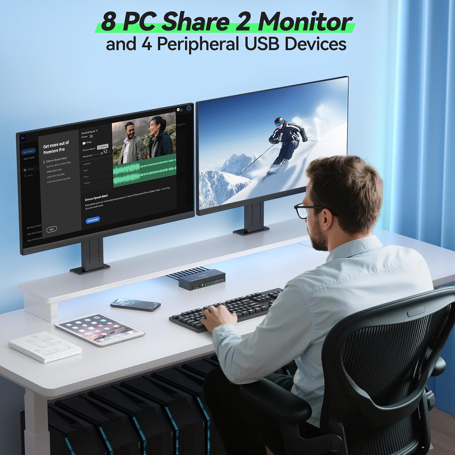 10 Port 8 Port 2 Monitors KVM Switch HDMI 4K@60Hz EDID Simulation, USB 3.0 Dual Monitor KVM Switch 2 Monitors 8 Computers 10 Computers,4 USB3.0 Ports, Audio,RS232,Wired Remote,12V Power,10 USB Cables