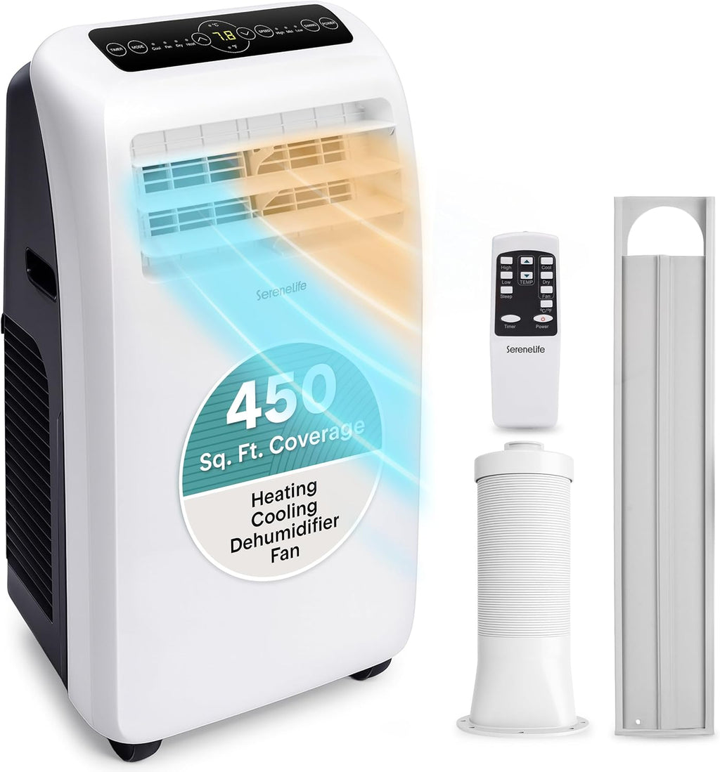 SereneLife Portable Air Conditioner with Heat & Built-in Dehumidifier 12,000 BTU, Portable Heater & AC for Rooms up to 550 Sq Ft - Remote Control & Window Mount Exhaust Kit Included