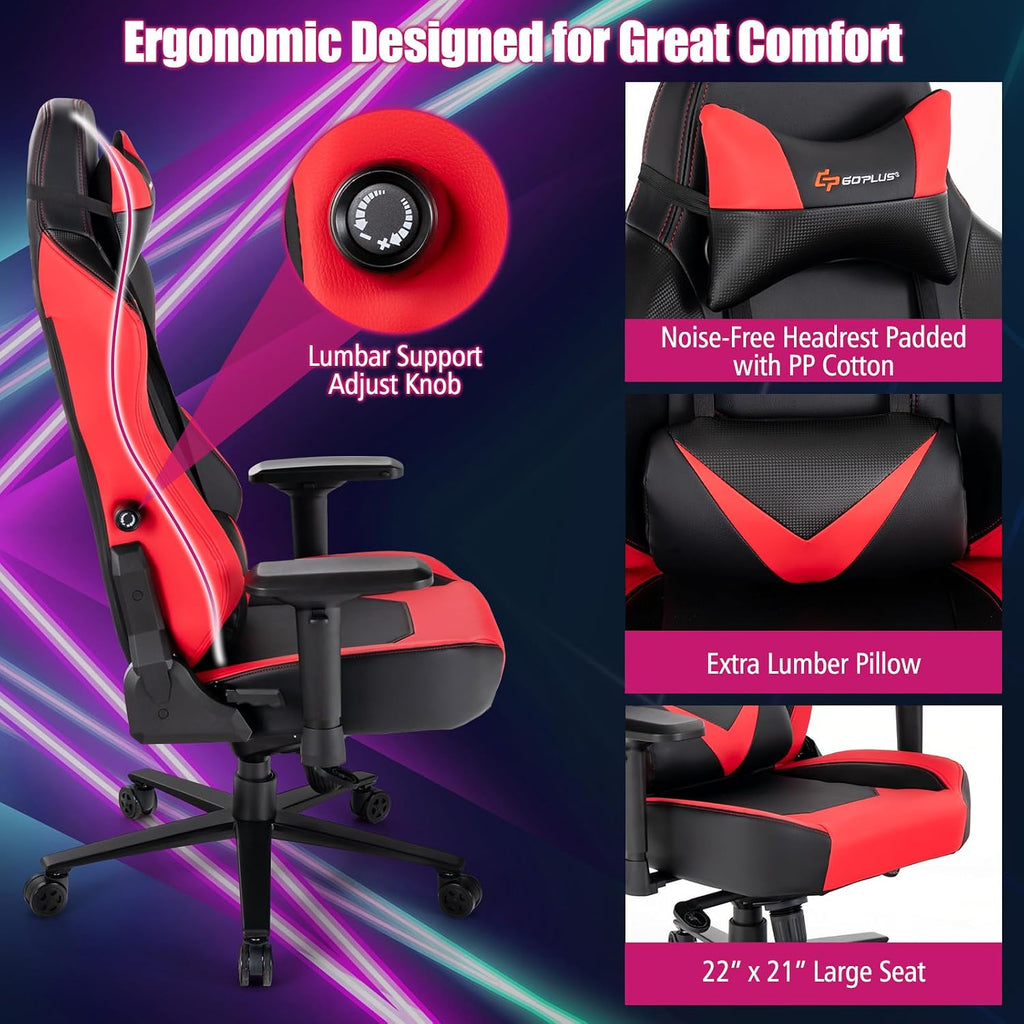 Goplus Gaming Chair, 360° Swivel Computer Chair with Casters, Multi-Angle Reclining, Tension Control, 4D Armrest, Headrest, Gas Lift, Height Adjustable Game Chair for Office, Bedroom, Red