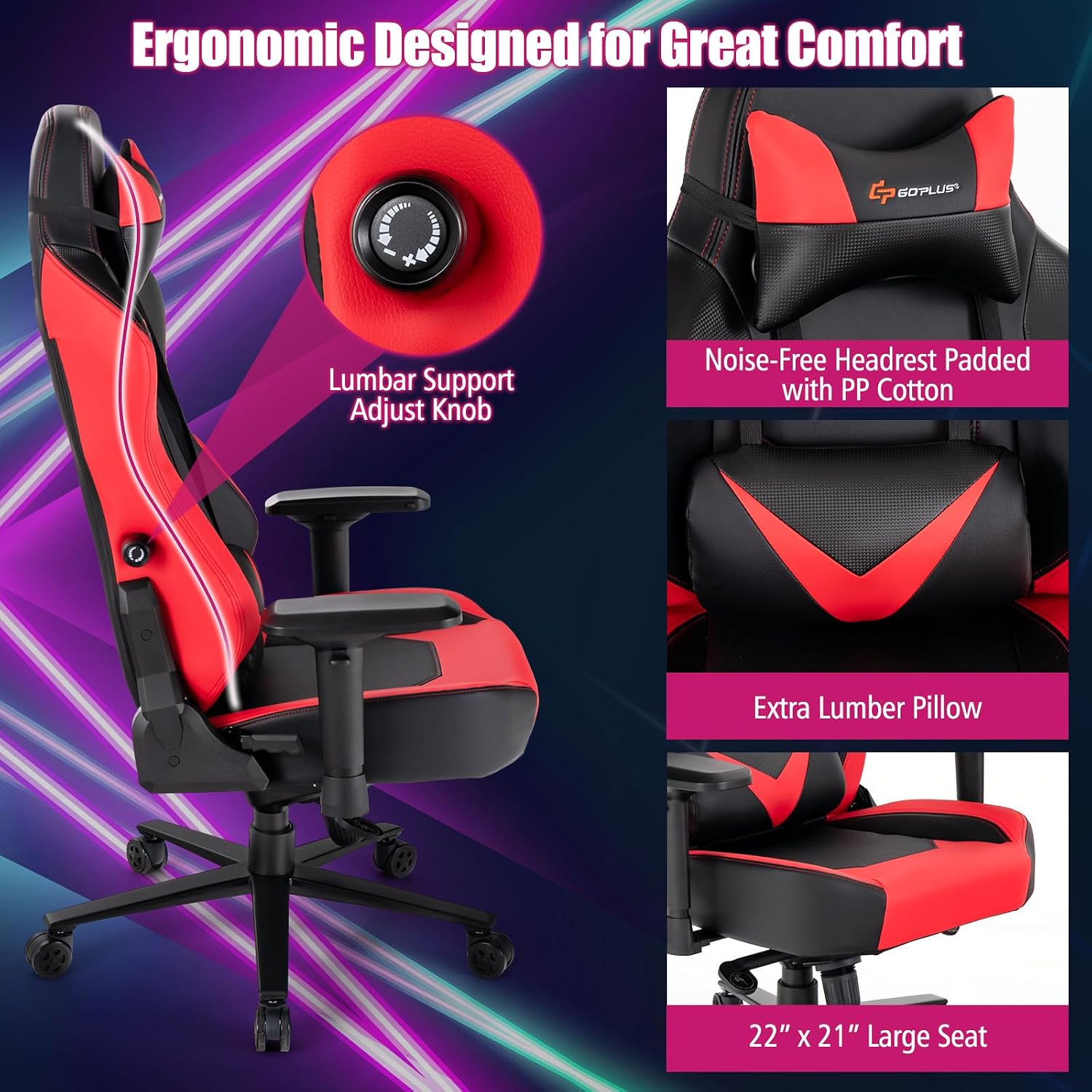 Goplus Gaming Chair, 360° Swivel Computer Chair with Casters, Multi-Angle Reclining, Tension Control, 4D Armrest, Headrest, Gas Lift, Height Adjustable Game Chair for Office, Bedroom, Red