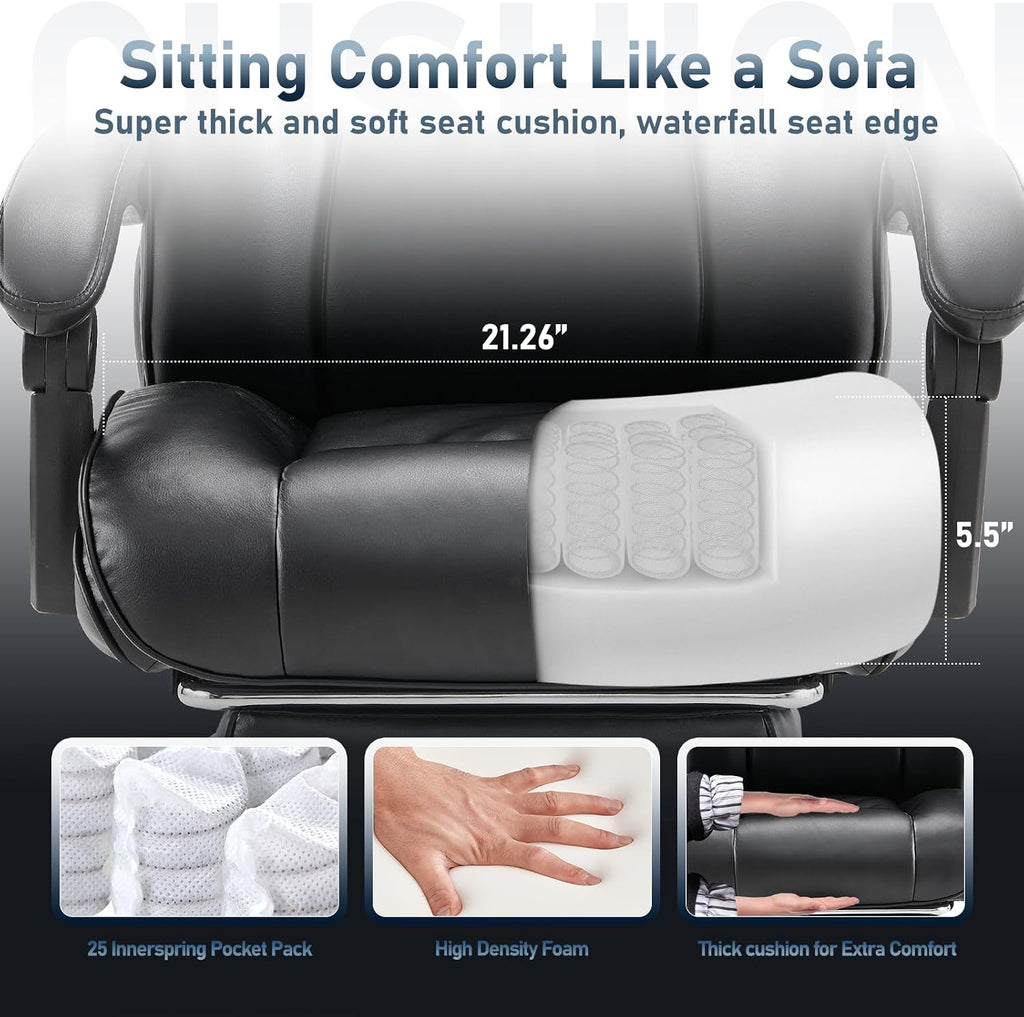 COLAMY Office Chair with Retractable Footrest, Ergonomic High Back Design Executive Computer Desk Chair with Removable Lumbar Pillow, 90-135°Reclining, Thick Bonded Leather for Home Office Work, Black