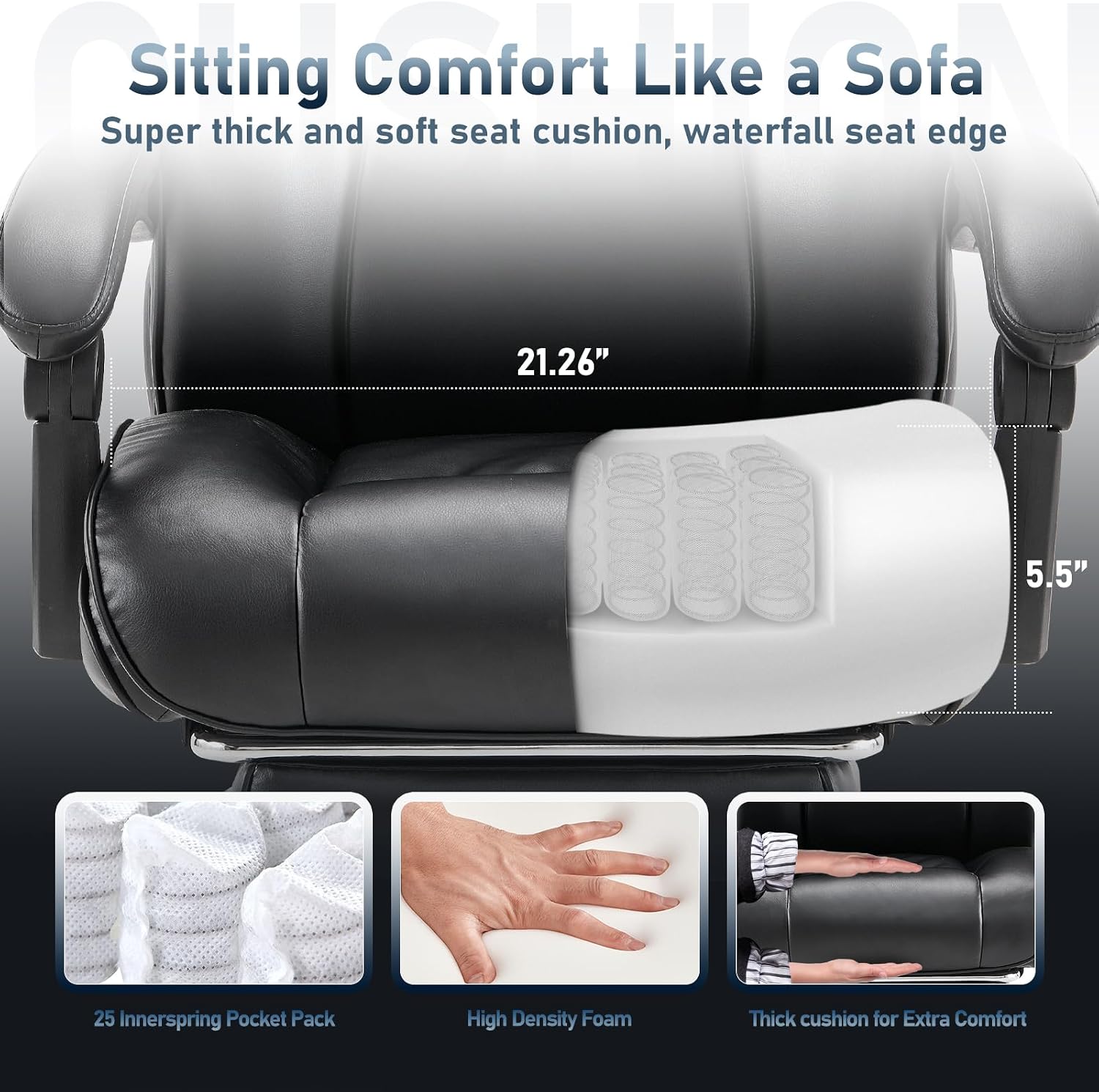 COLAMY Office Chair with Retractable Footrest, Ergonomic High Back Design Executive Computer Desk Chair with Removable Lumbar Pillow, 90-135°Reclining, Thick Bonded Leather for Home Office Work, Black