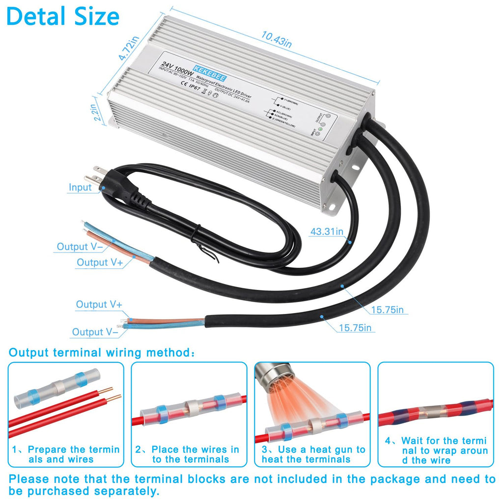 LED Driver 24V1000W Waterproof Power Supply AC95-132V to DC24V41.6A Low Voltage DC Transformer IP67 with 3-pin US Plug Suitable for Indoor and Outdoor LED Lighting and Any 24V DC Devices