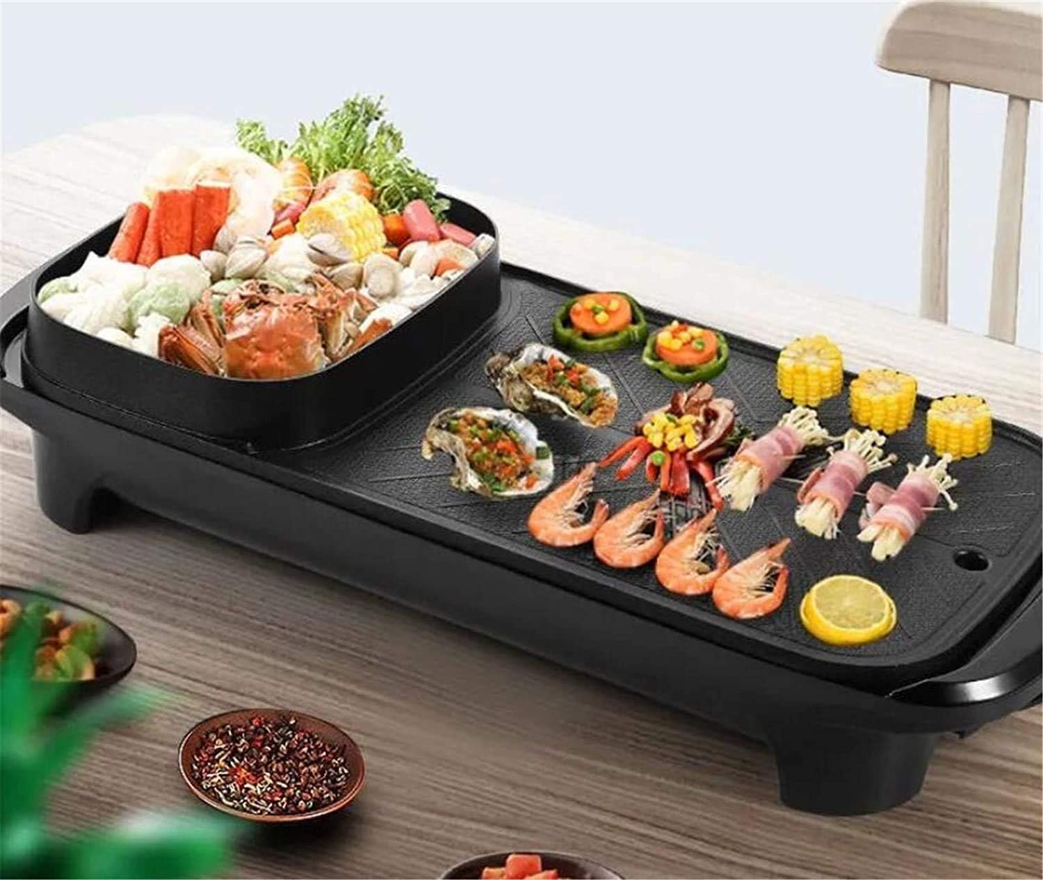 Smoke Free Electric Grill, 2-In-1 Electric Grill Grill Smokeless Indoor Machine for 6 People for Cheese, Thermostat Control, Non-Stick Material, Easy To Clean 1360 Watts