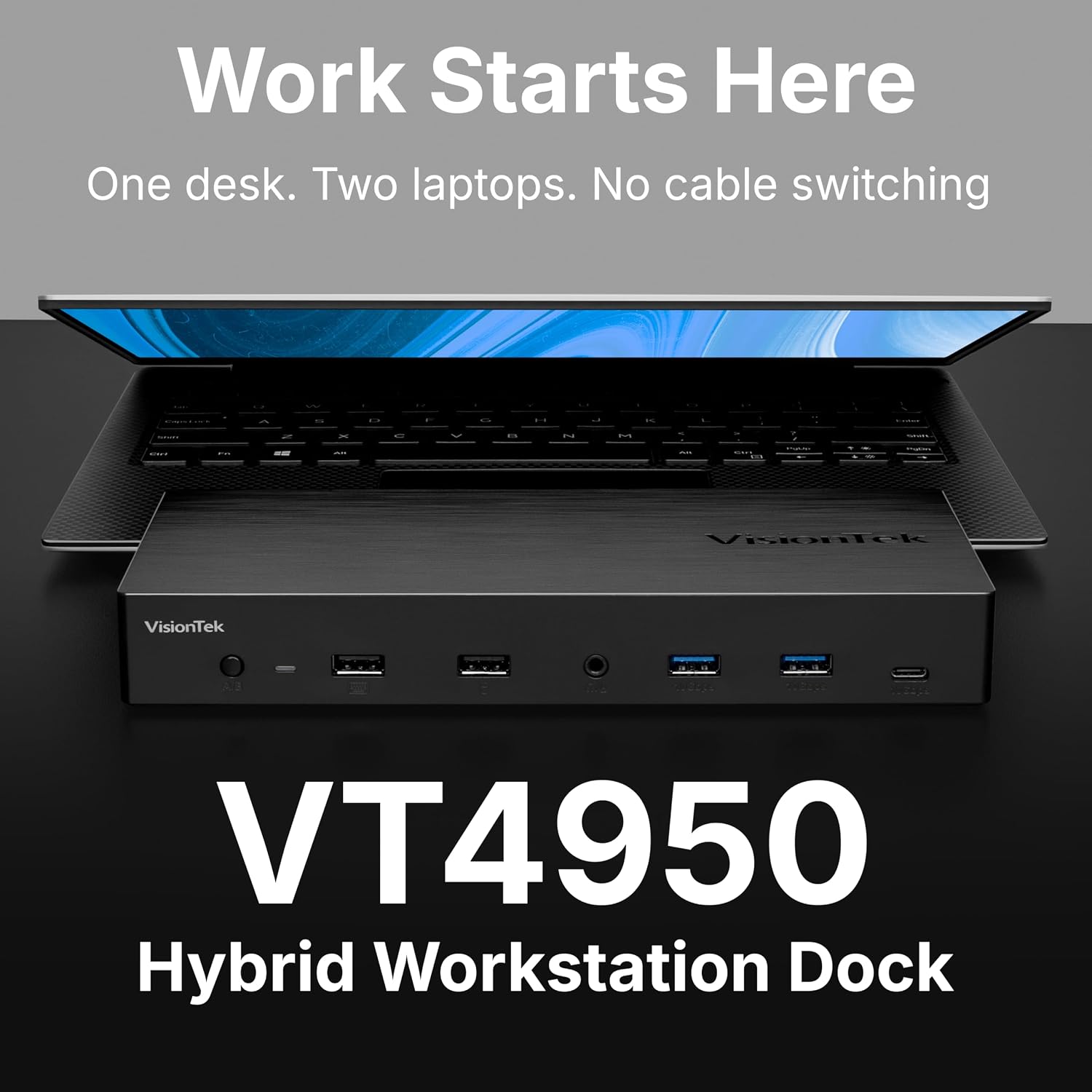 VisionTek VT4950 USB-C DisplayLink Docking Station with KVM Switch for Dual Laptops - Hybrid Workstation Triple Monitor Dock with HDMI & DisplayPort, 100W Laptop Charging for Windows and macOS
