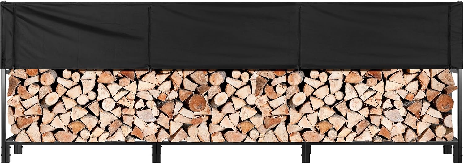 VIVOHOME Upgraded Heavy Duty 12 ft 3/4 Cord Firewood Rack Outdoor with Cover Combo Set, Thick Steel Log Holder Up to 4400 lb, Fire Wood Pile Storage Stand Organizer Black