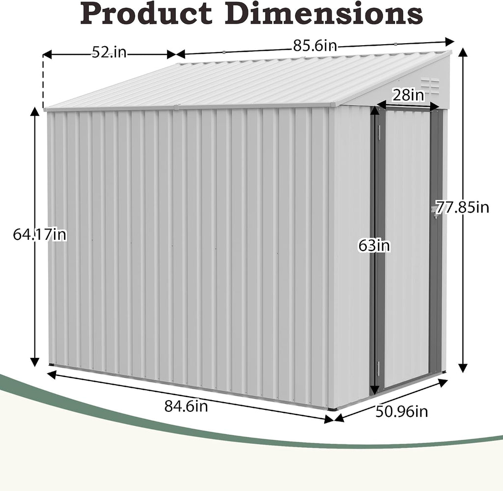 4 × 7 FT Lean to Storage Shed, Outdoor Metal Wall Side Bike Mower Sheds & Outdoor Storage Cabinet, Lockable Tool Organization Shed for Garden Patio