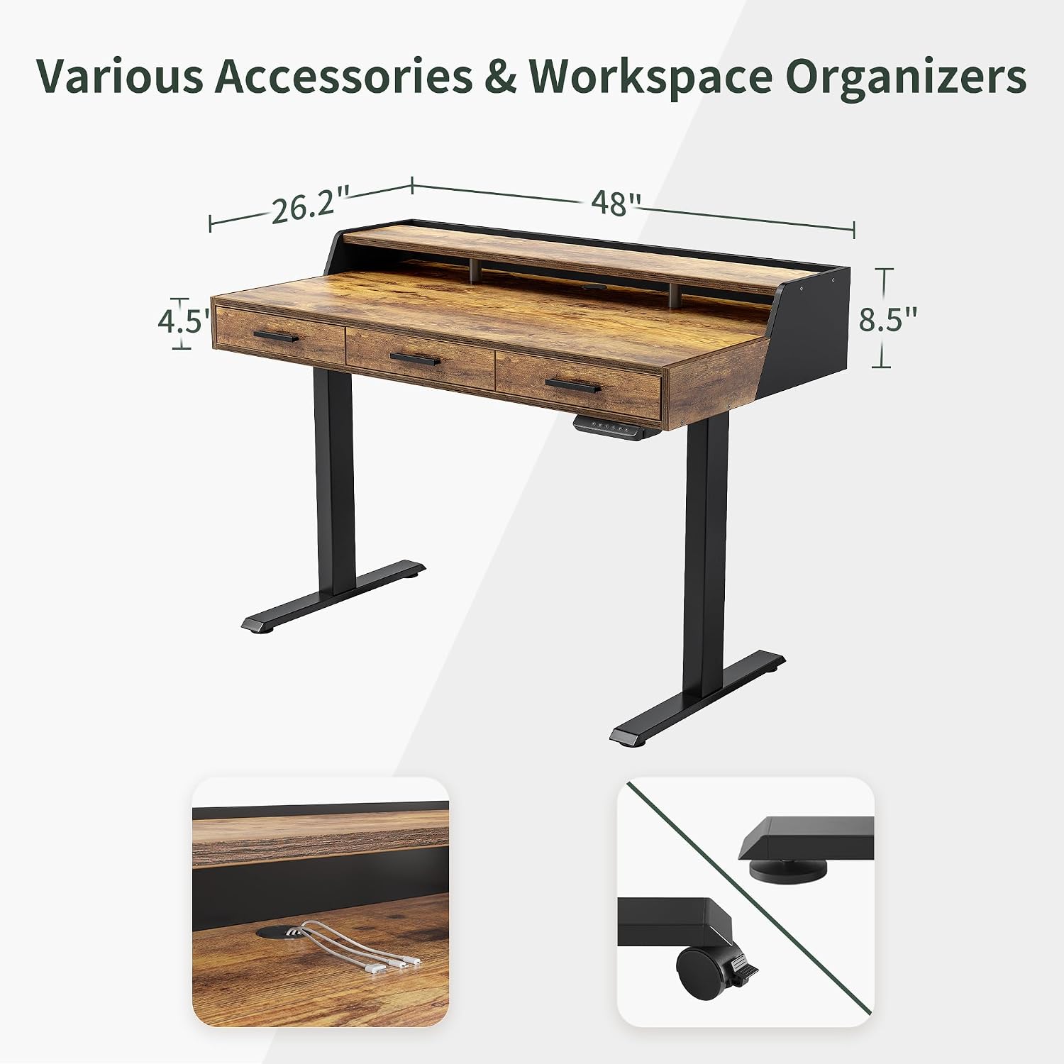FEZIBO 48x26 Inches Standing Desk with 3 Wooden Drawers and Monitor Shelf, Height Adjustable Computer Desk, Ergonomic Rising Home Office Desks, Sit Stand Up Electric Workstation Table, Rustic Brown