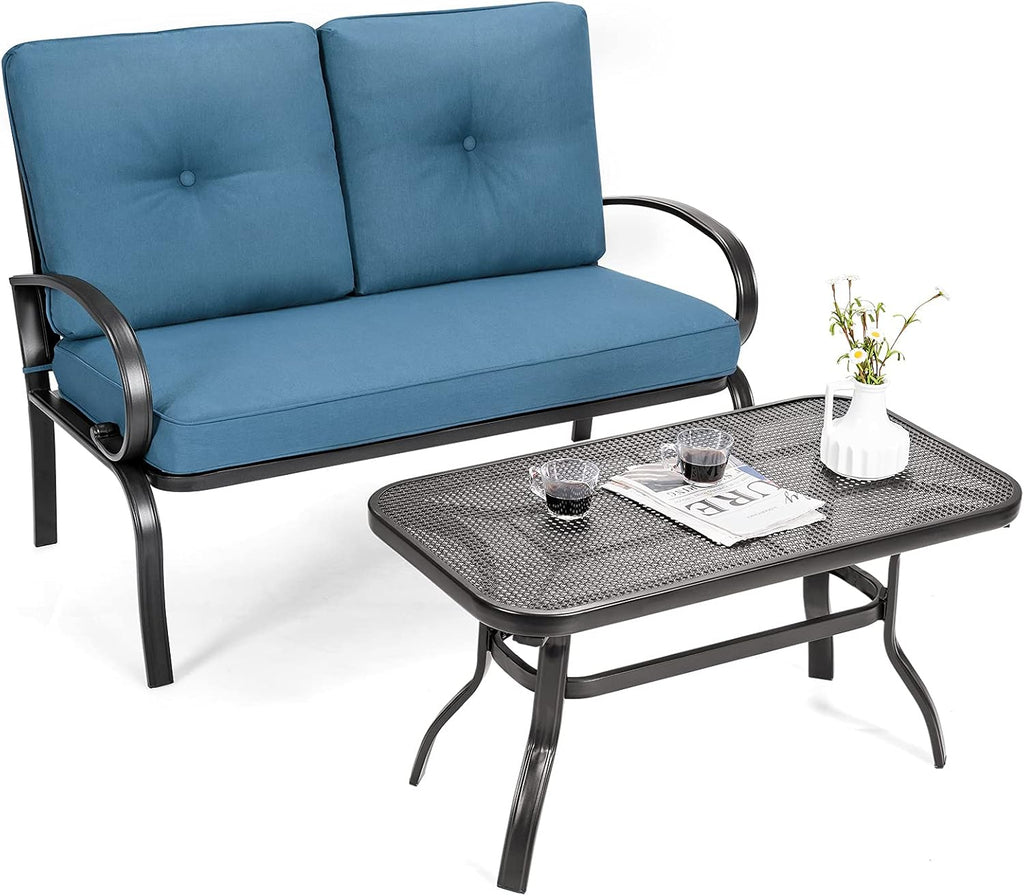 Giantex Patio Loveseat with Coffee Table Outdoor Bench with Cushion and Metal Frame, Loveseat Porch Furniture Set Sofa for Garden, Yard, Patio or Poolside (Navy & Black)