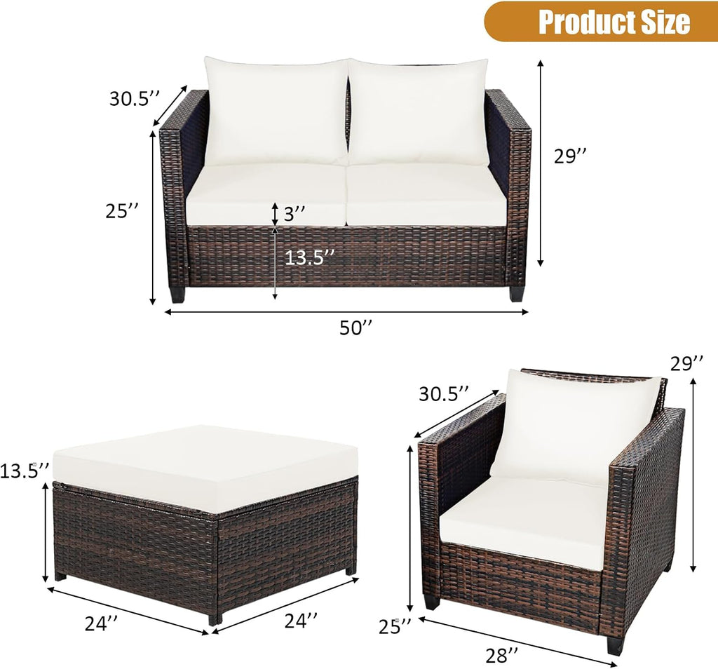 Tangkula 5 Pieces Rattan Patio Furniture Set, Outdoor Sectional Wicker Sofa Set with Loveseat, 2 Single Sofas, 2 Ottomans & Removable Cushion, Outside Daybed Sofa for Yard, Garden, Poolside, Off White