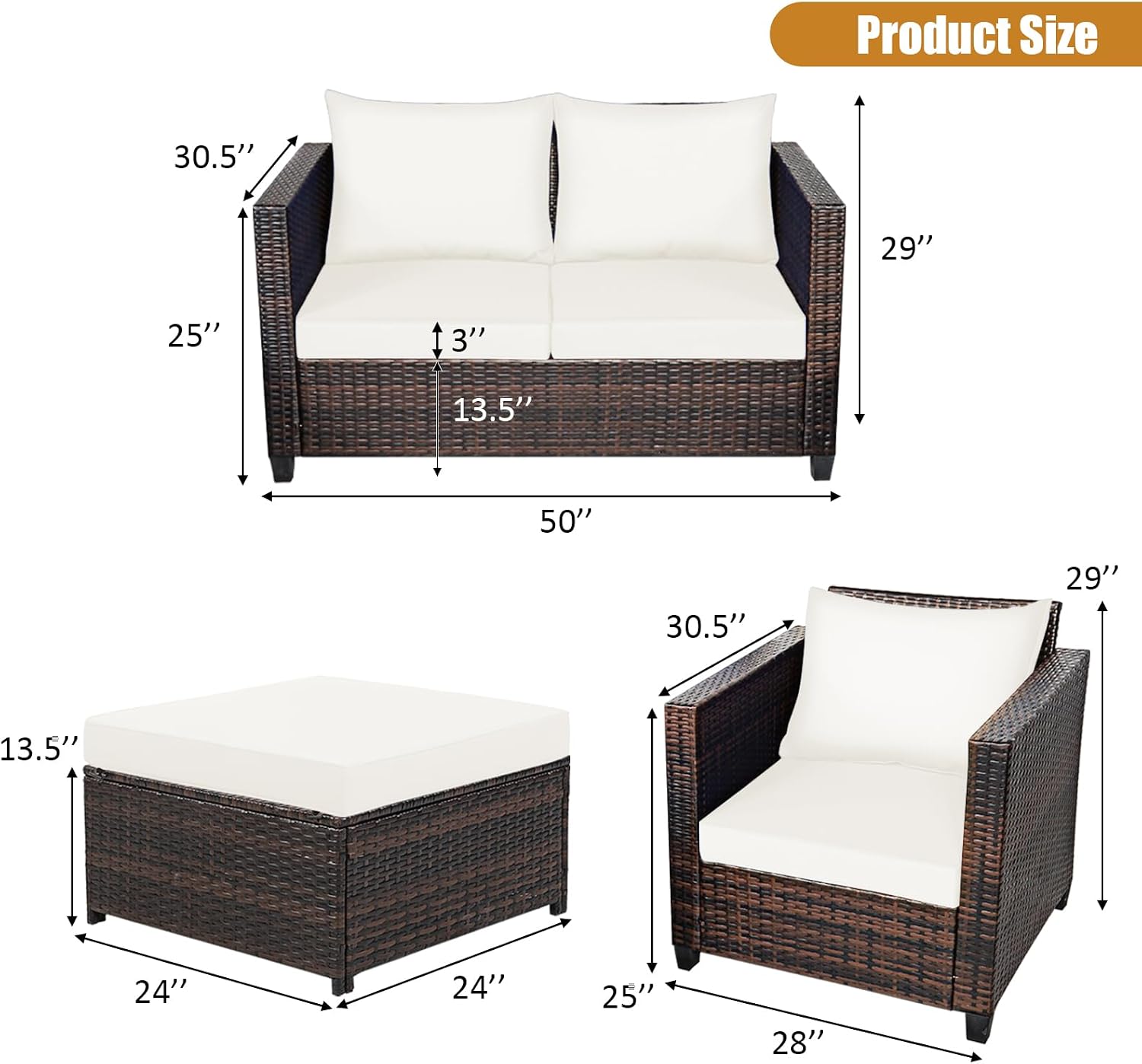 Tangkula 5 Pieces Rattan Patio Furniture Set, Outdoor Sectional Wicker Sofa Set with Loveseat, 2 Single Sofas, 2 Ottomans & Removable Cushion, Outside Daybed Sofa for Yard, Garden, Poolside, Off White