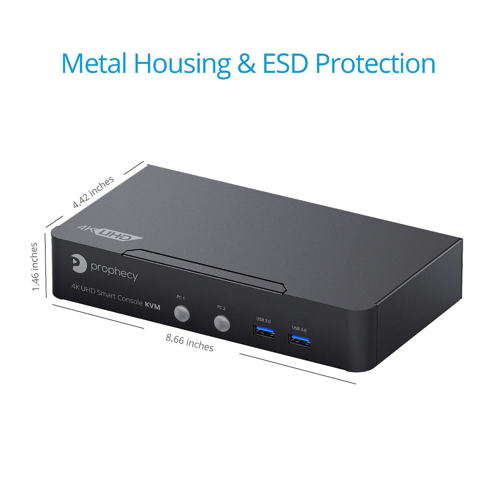 gofanco Prophecy 2-Port DisplayPort 1.2 USB KVM Switch – 4K @60Hz 4:4:4, 21.6Gbps, HDCP 1.3, USB Keyboard/Mouse, USB 3.0 Hub, MIC in, Stereo Out, Hotkeys, TAA Compliant (PRO-KVMDP-2Pv2)