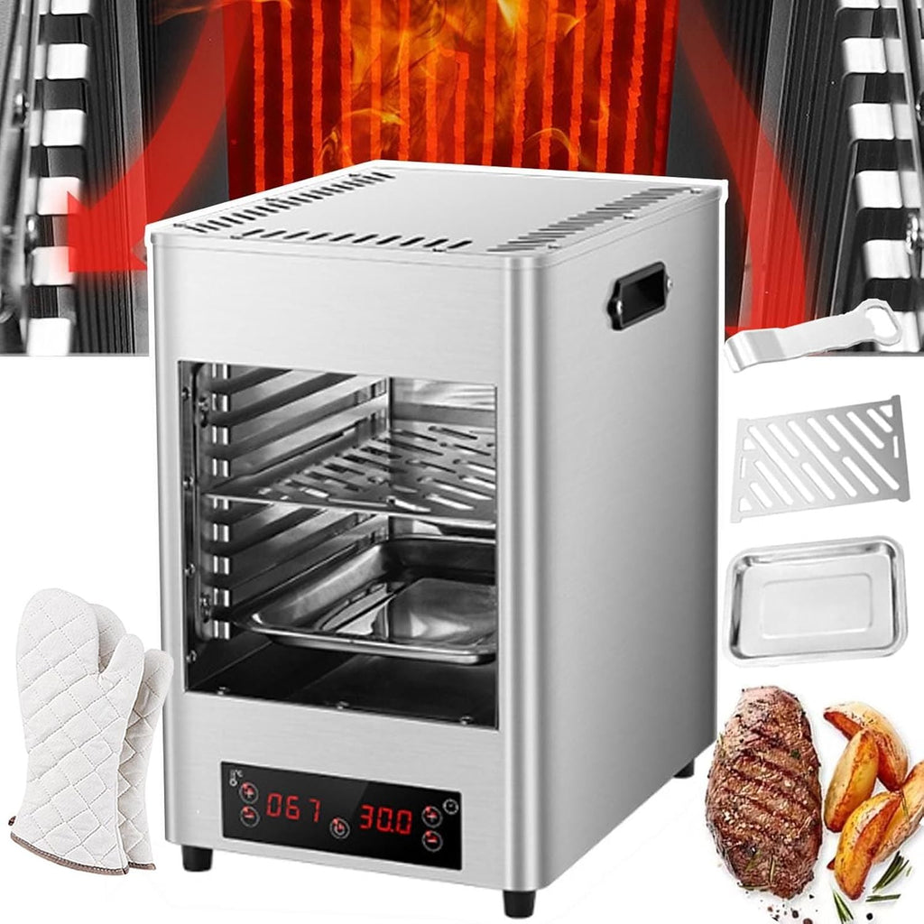 1700W Indoor Commercial Steak Grill,Electric Steak Broiler +glove-Time Temperature Adjustable/Touch Button/800℃ High Temperature/8-Layer Grill-for Beef Chicken Vegetables,B