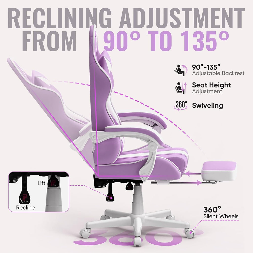 Ferghana Gaming Chairs, Ergonomic Racing Style PC Game Computer Chair with Headrest Lumbar Support Adjustable Recliner PU Leather Video Computer Chair(Light Purple)