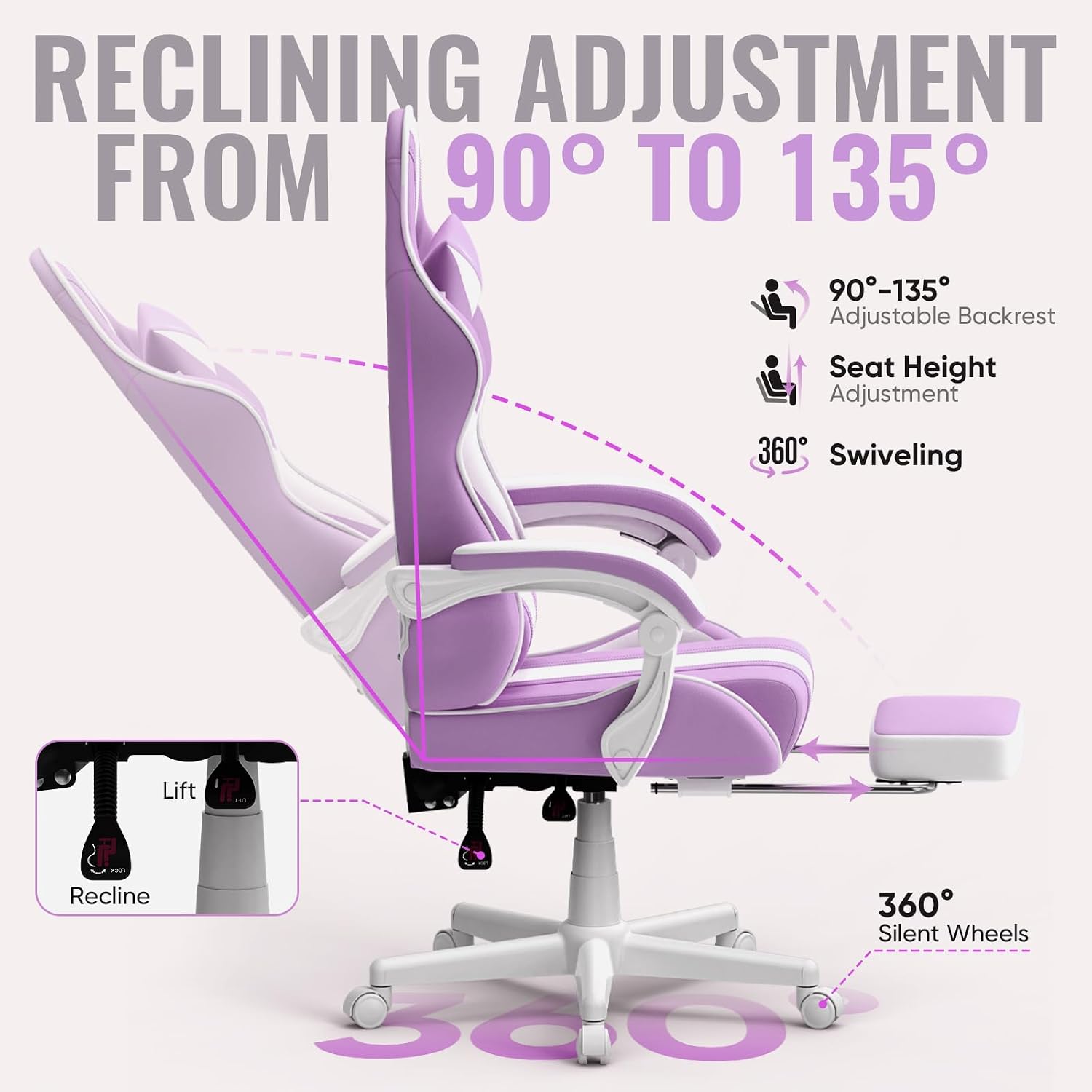 Ferghana Gaming Chairs, Ergonomic Racing Style PC Game Computer Chair with Headrest Lumbar Support Adjustable Recliner PU Leather Video Computer Chair(Light Purple)