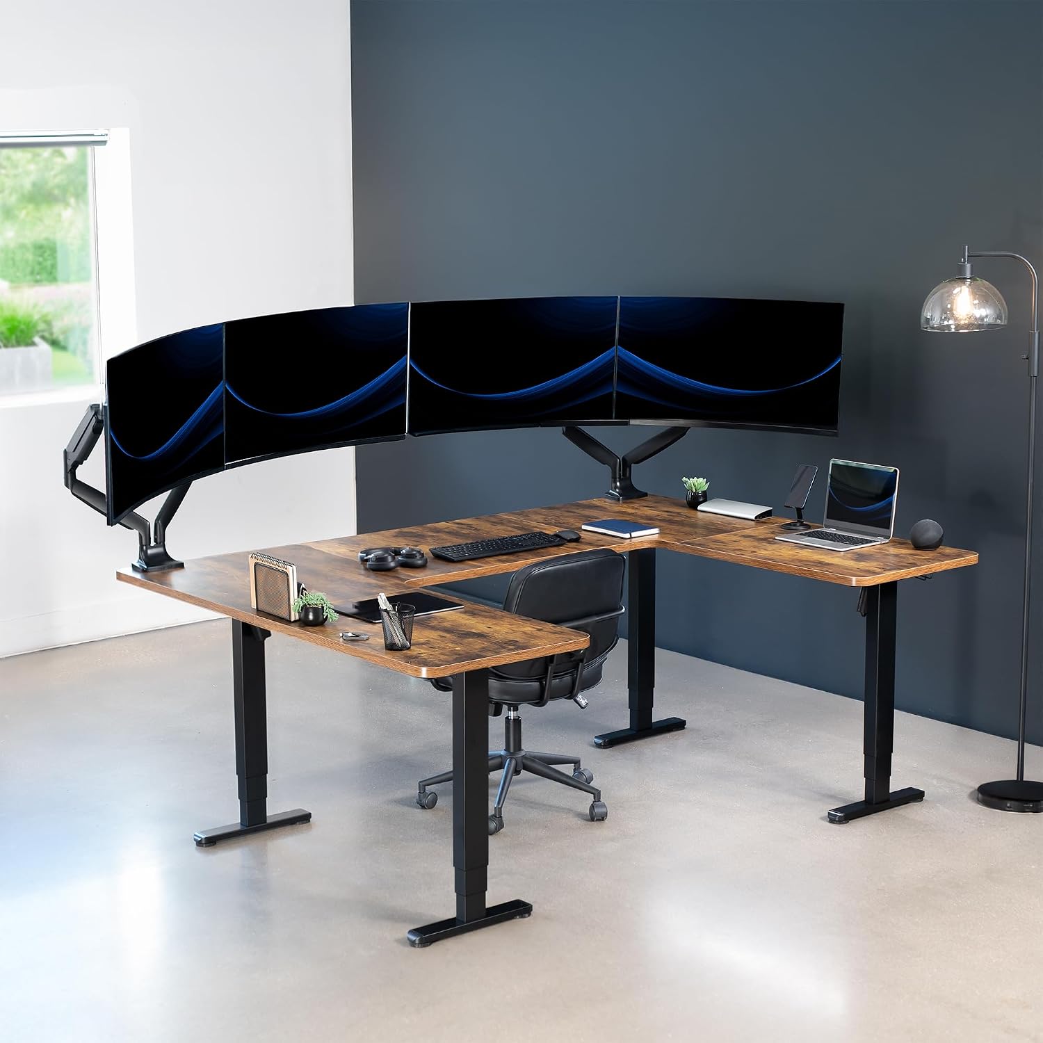 VIVO Large U-Shaped 83 x 60 in Electric Standing Desk, Memory Height Adjustment, Rustic Vintage Brown Top Black Frame, DESK-E4UBN