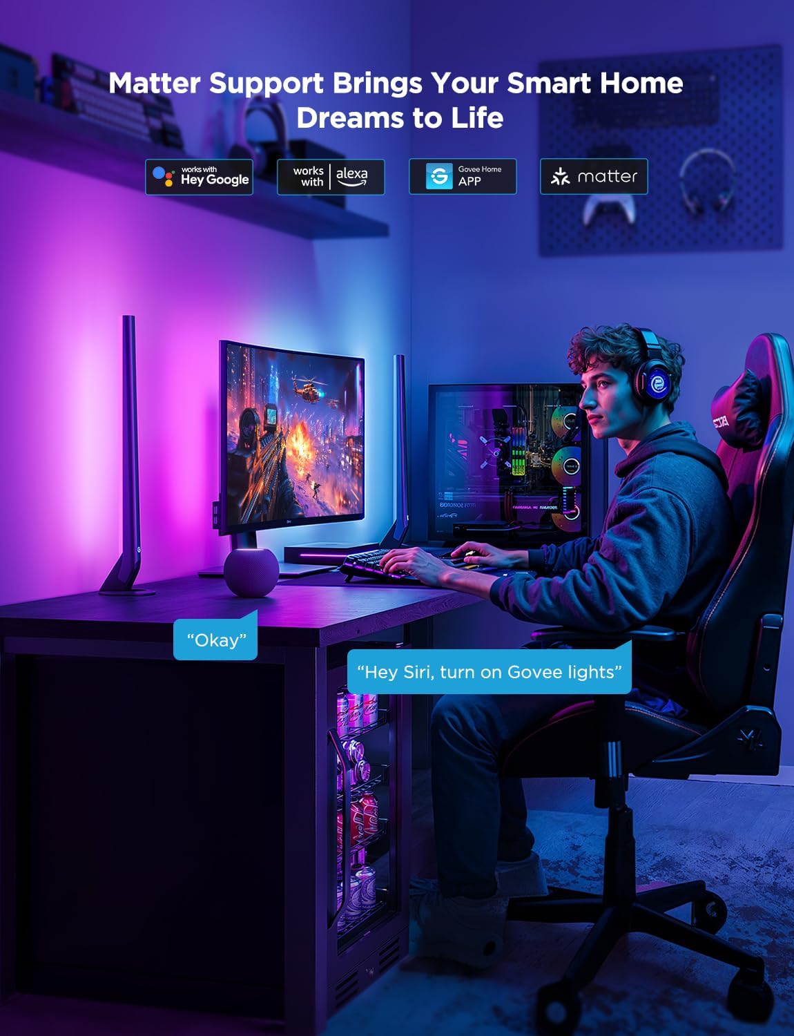 Govee HDMI 2.1 Sync Box Kit 2, Includes AI Sync Box, Light Bars, and Monitor Backlight, Supports 8K@60Hz, 4K@144Hz, VRR and ALLM, Works with Matter and Alexa, RGBIC Light Strip for 27-34 inch Monitor