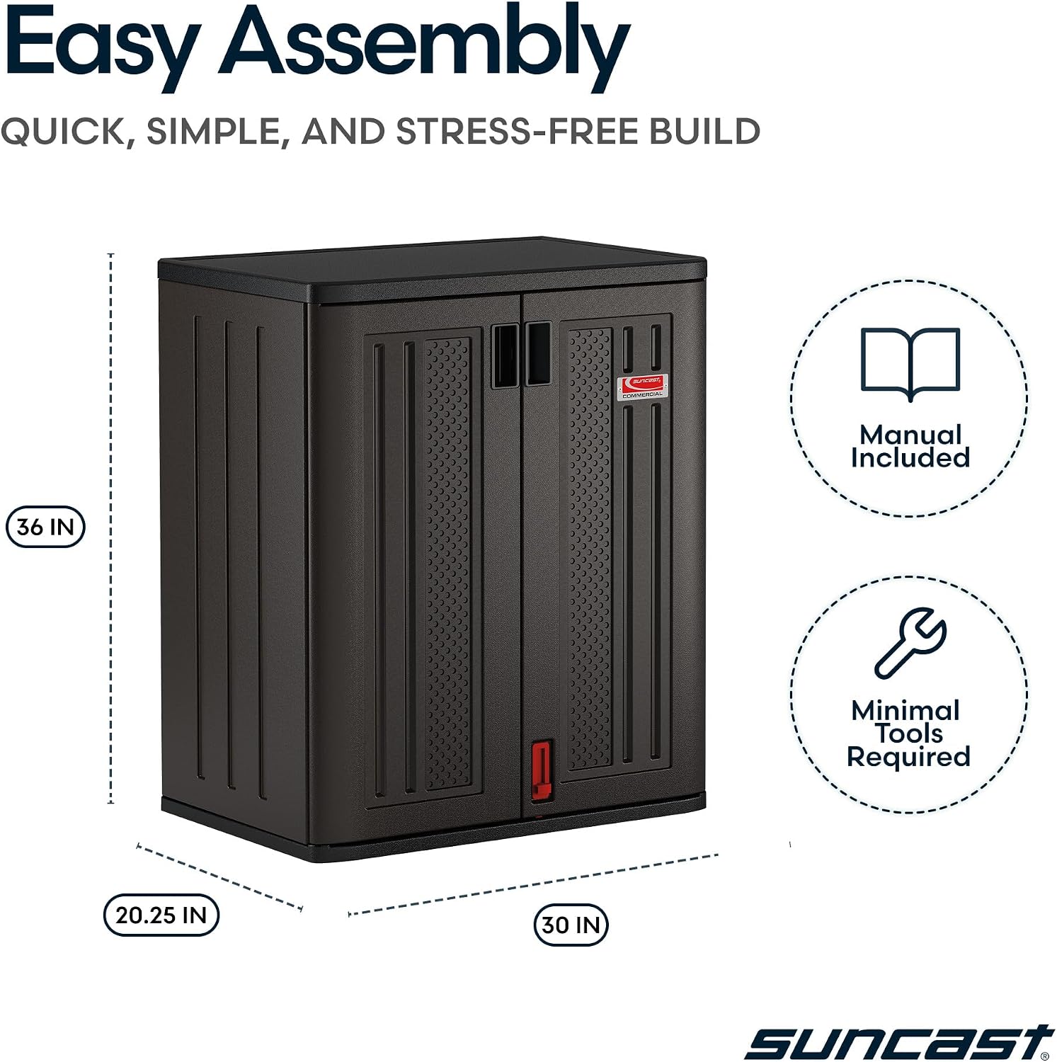 Suncast Heavy-Duty Resin Outdoor Storage Cabinet, 30' W x 20.25' D x 36' H Dark Grey Base Garage Storage Cabinet with Lockable Doors and Metal Reinforced Shelves, Made in The USA