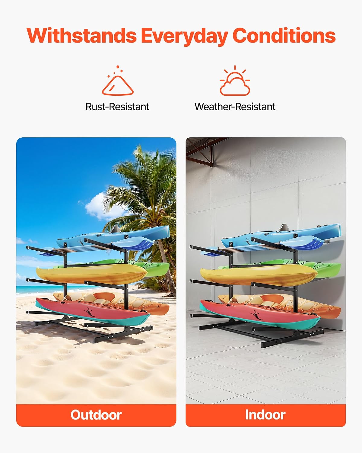 VEVOR Kayak Storage Rack, Heavy Duty Adjustable Freestanding Stand with Lockable Wheels for Indoor Outdoor Garage Shed Dock, Holder for Canoe, SUP, Surfboard & Paddleboard