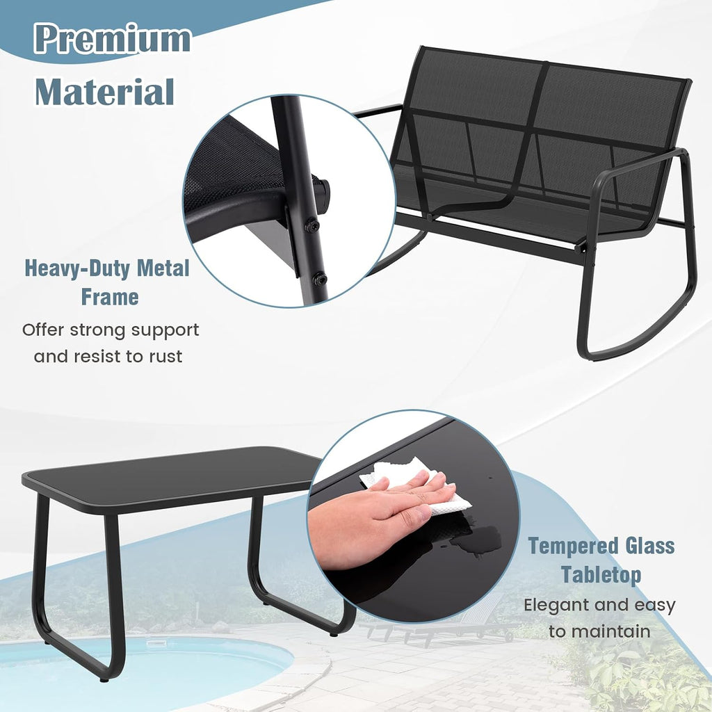 Tangkula 4 Piece Rocking Patio Furniture Set, 2 Rocking Chairs & Loveseat with Glass-Top Table, Patio Rocking Set with Smooth Rocking Motion, Outdoor Rocker Conversation Set for Porch, Yard (1, Black)