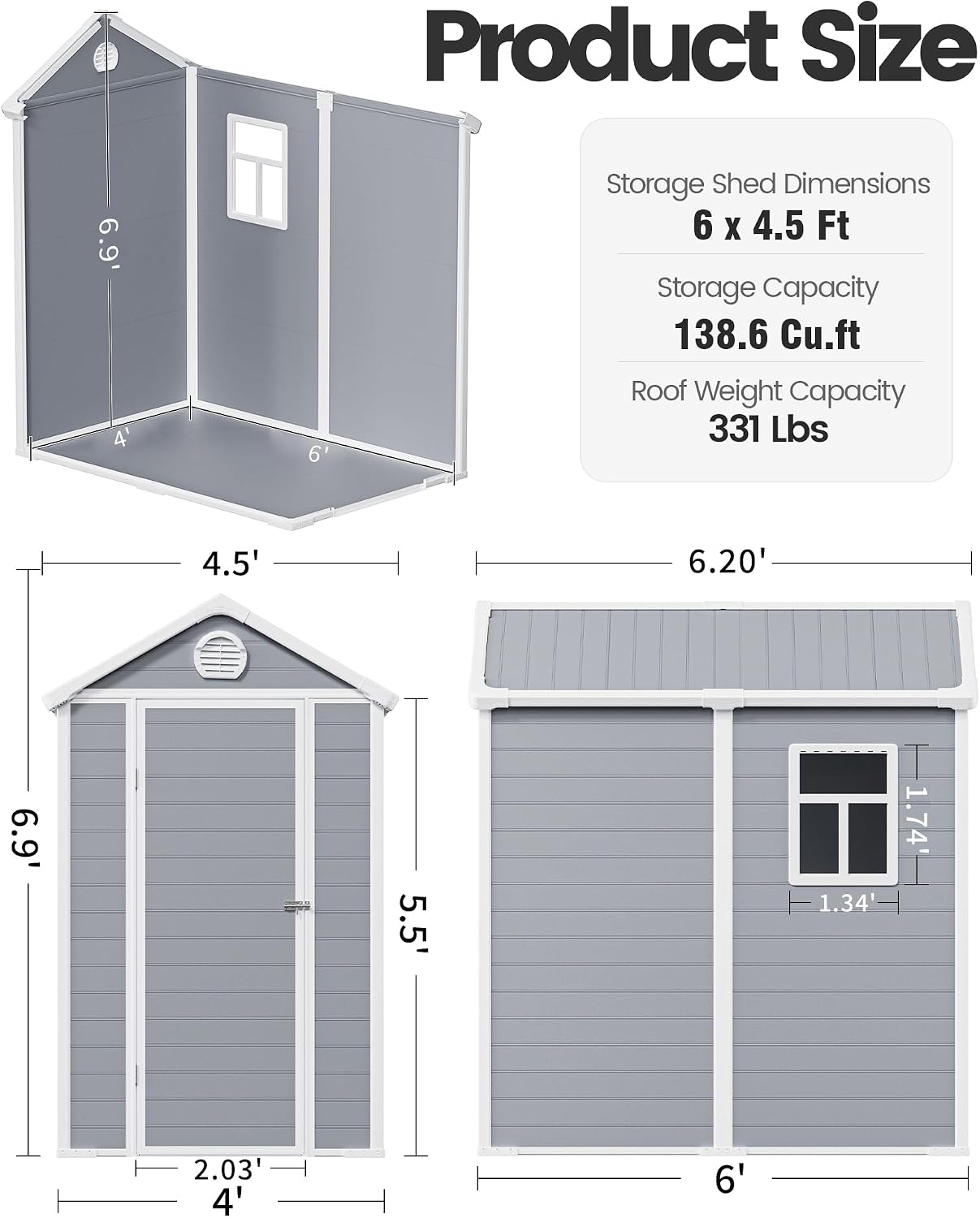 6x4.5 FT Plastic Sheds & Outdoor Storage, UV Resistant Storage Sheds Outdoor with Floor and Window, All-Weather Garden Resin Tool Shed for for Garden，Patio，and Utility Storage（Light Grey）