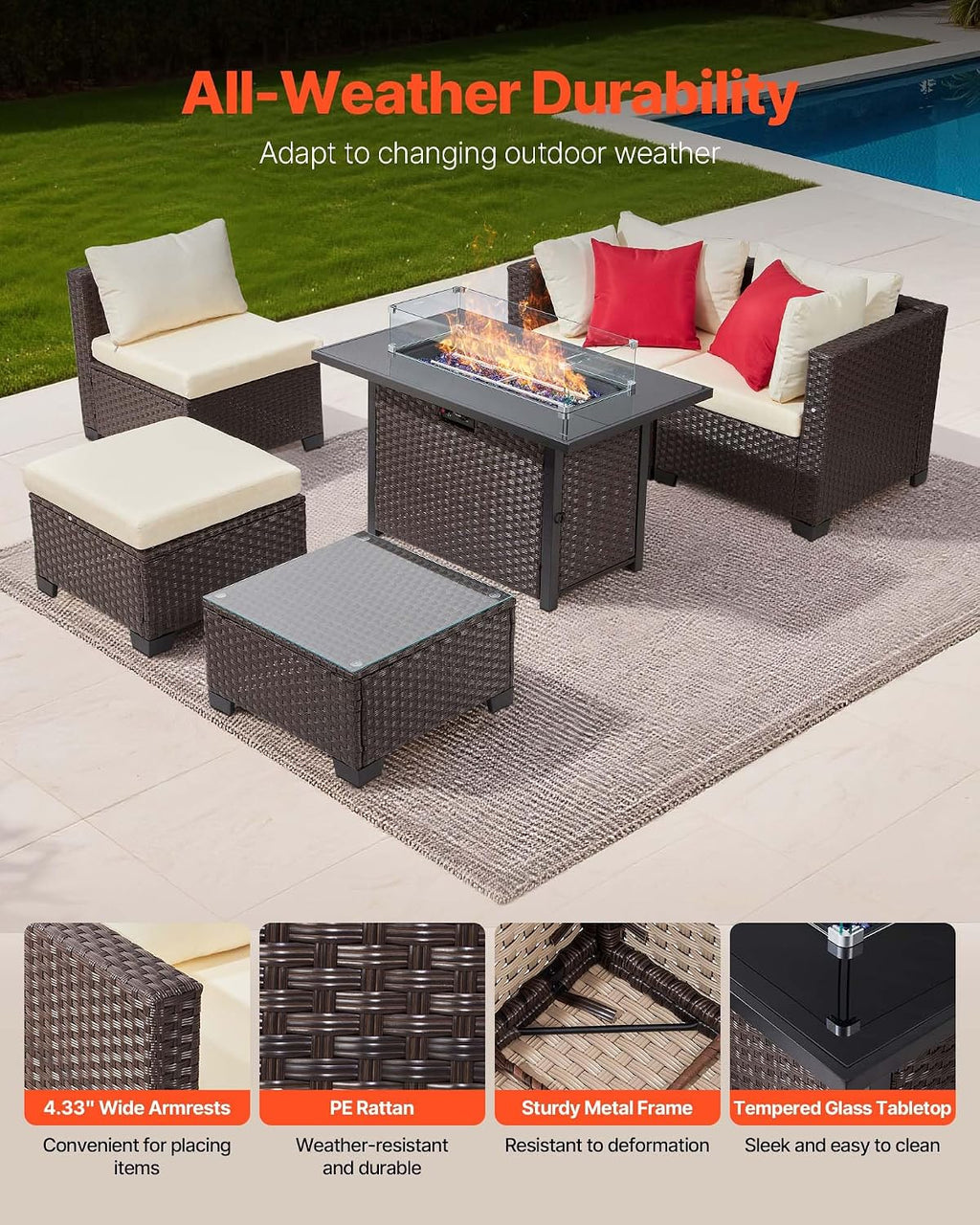 VEVOR 2025 Upgraded 6-Piece Wicker Patio Furniture Set with Protective Glides, Non-Scratch Pads, High Back Outdoor Sofa, All-Weather Wicker Patio Conversation Set for Deck Yard Pool