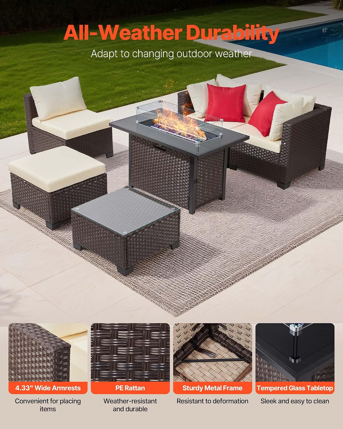 VEVOR 2025 Upgraded 6-Piece Wicker Patio Furniture Set with Protective Glides, Non-Scratch Pads, High Back Outdoor Sofa, All-Weather Wicker Patio Conversation Set for Deck Yard Pool