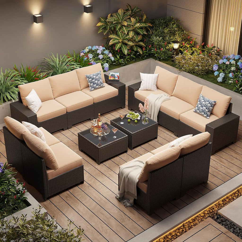 Aoxun Patio Furniture Set, 12 Pcs Outdoor Patio Furniture Sets with 4 in Thicken Cushion and Coffee Table, Widen Armrests Wicker Outdoor Sectional for Backyard and Garden, Beige