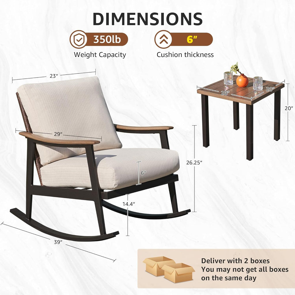 NATURAL EXPRESSIONS Rocking Bistro Set,3 Piece Wicker Patio Furniture Set with 2 Outdoor Rocker Chairs,Rattan Back,Aluminum Wood-like Armrest,Sturdy Metal Frame,6' Soft Cushions for Porch,Balcony,Yard